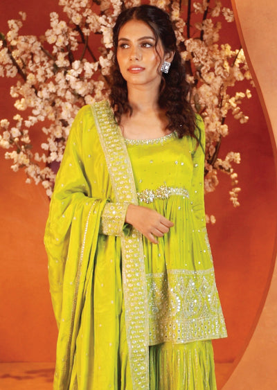 Mehndi Green Chinnon Shararas/Ghararas