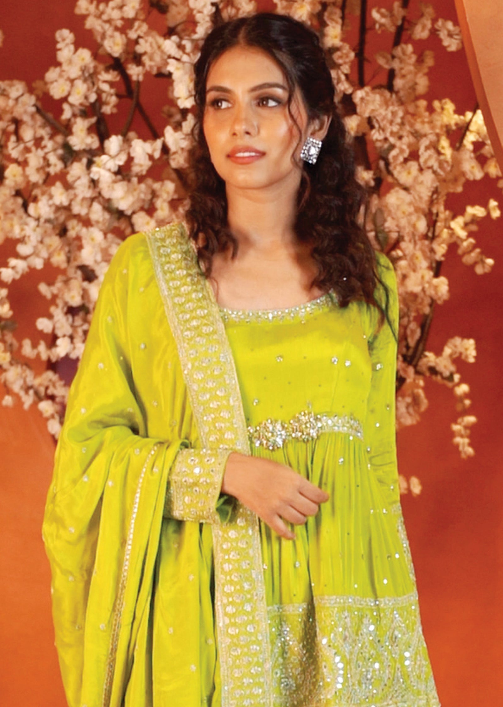 Mehndi Green Chinnon Shararas/Ghararas