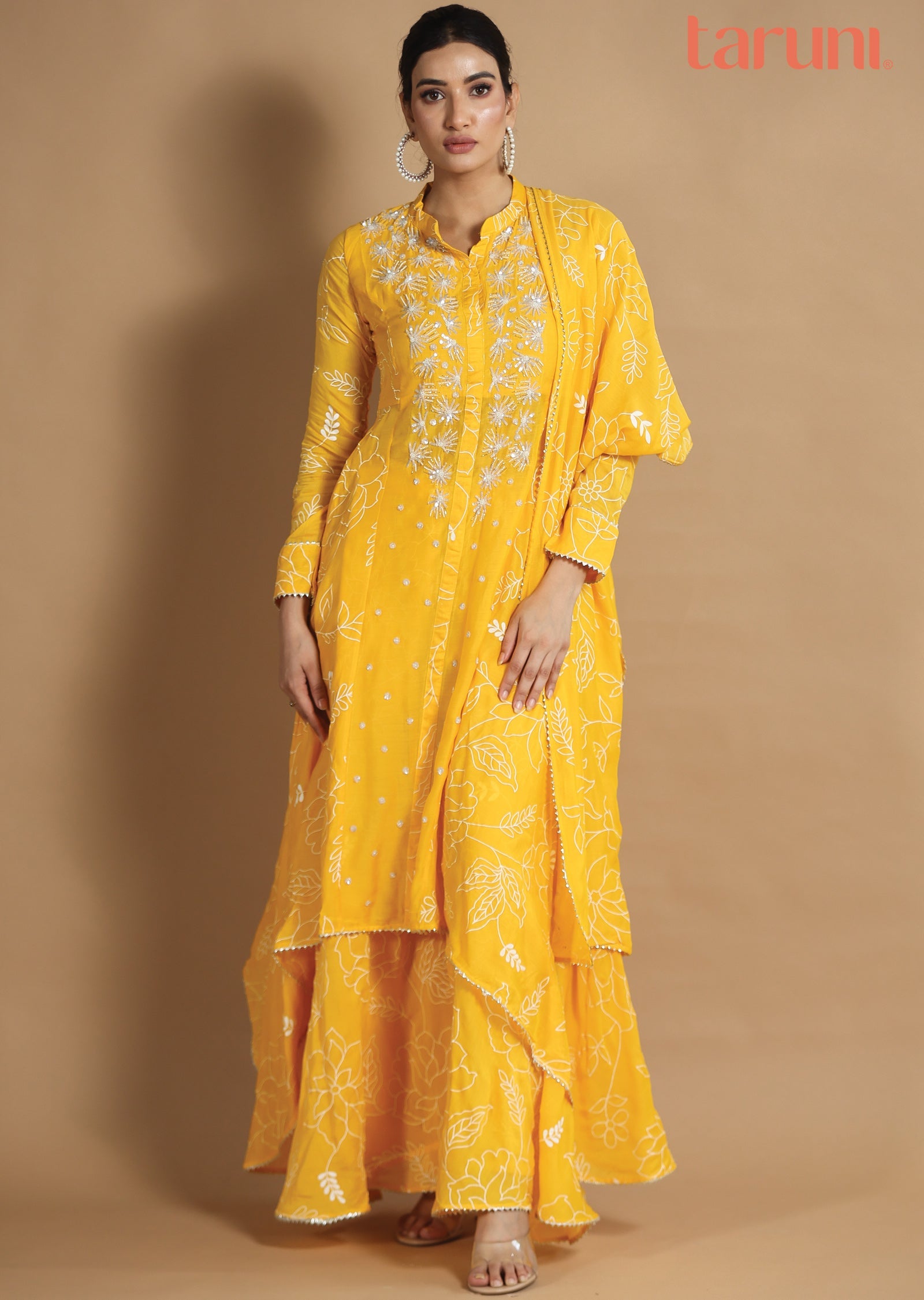 Yellow Muslin Chanderi Sharara Set with Long Jacket