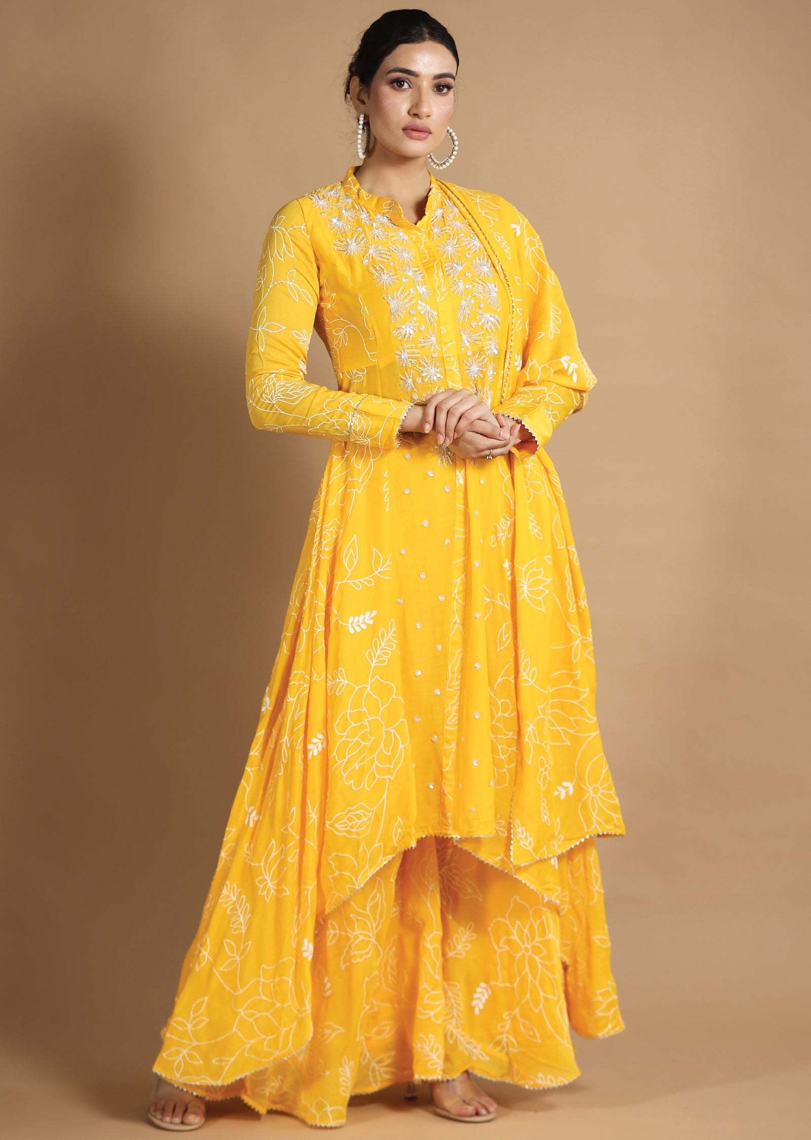 Yellow Muslin Chanderi Sharara Set with Long Jacket