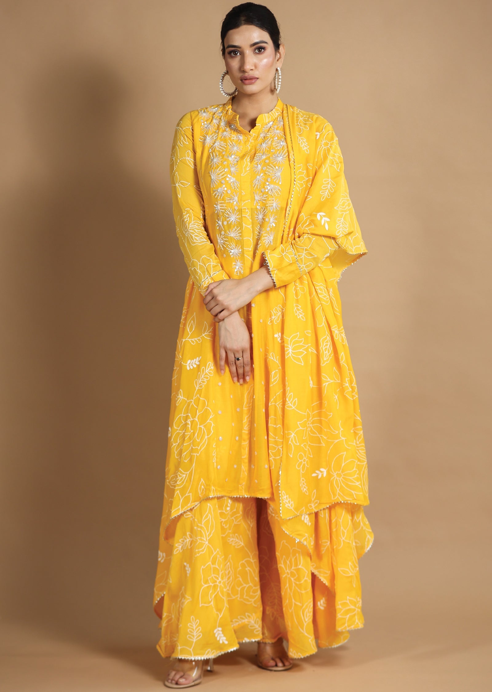 Yellow Muslin Chanderi Sharara Set with Long Jacket