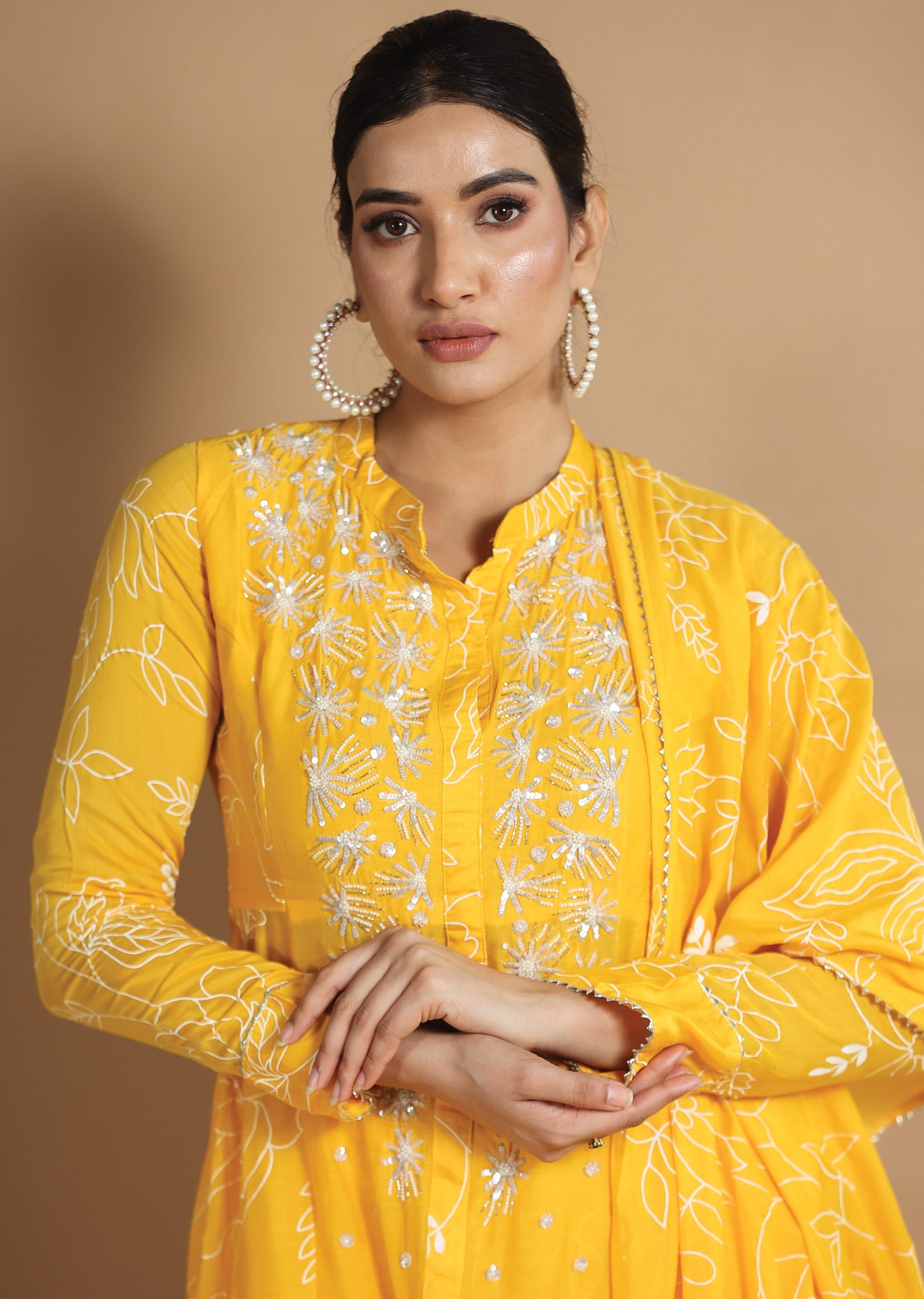 Yellow Muslin Chanderi Sharara Set with Long Jacket