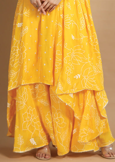 Yellow Muslin Chanderi Sharara Set with Long Jacket