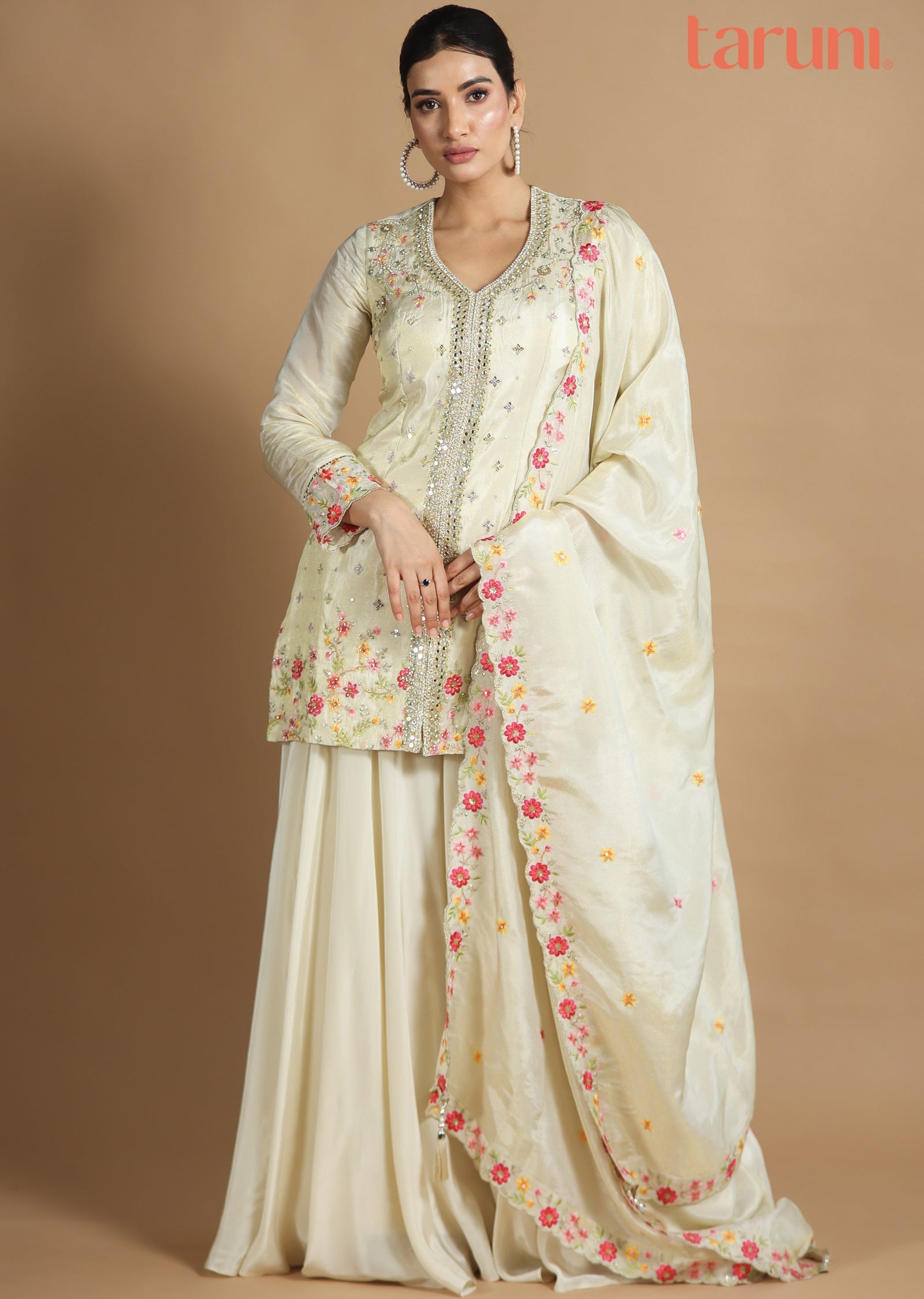 Beige Tissue Silk Sharara Set with Long Top