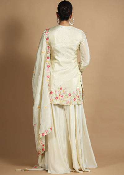 Beige Tissue Silk Sharara Set with Long Top