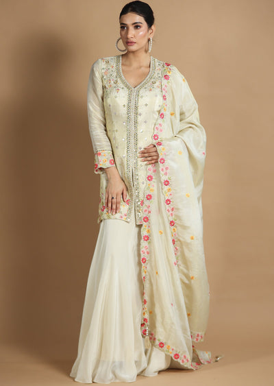 Beige Tissue Silk Sharara Set with Long Top