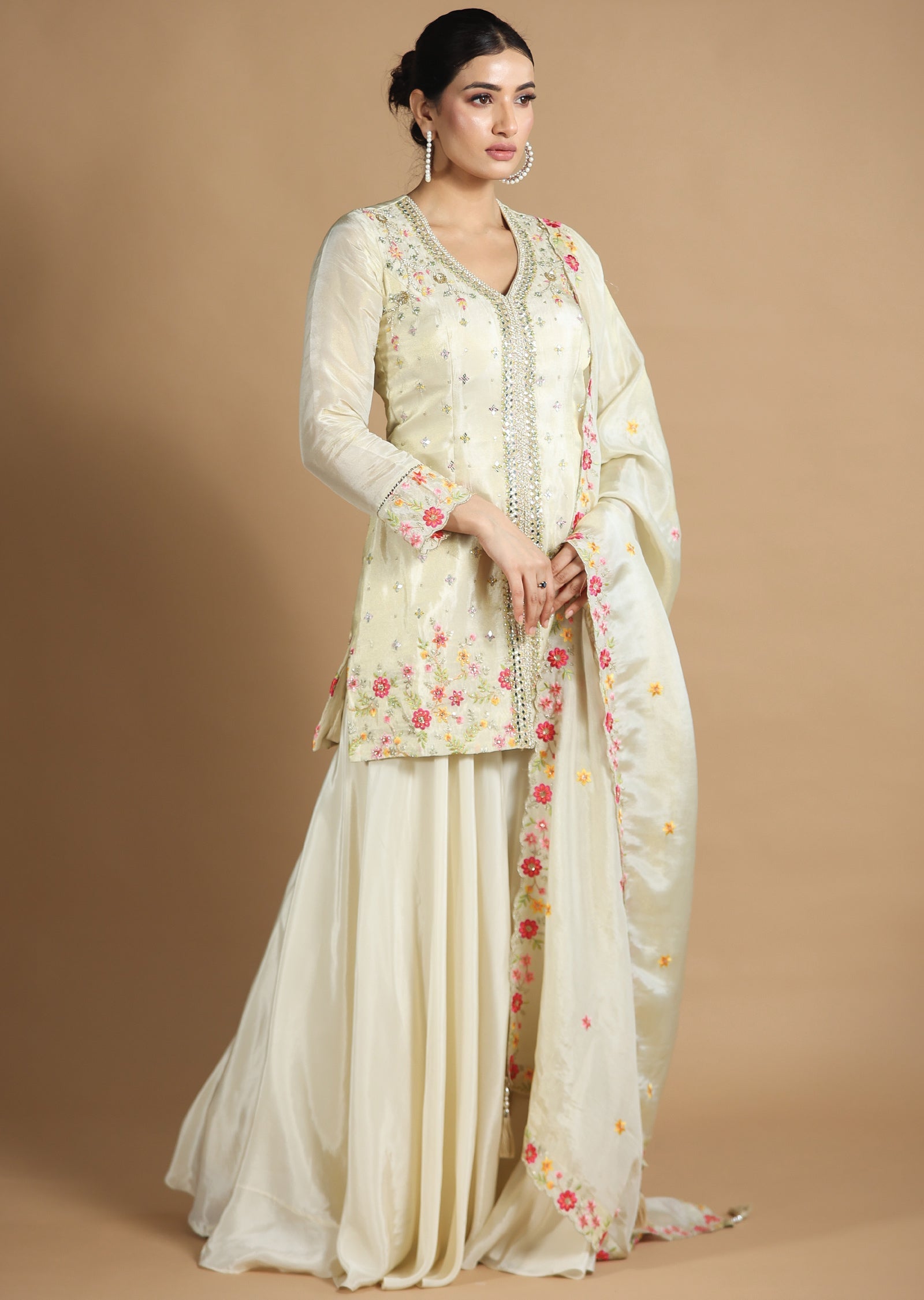 Beige Tissue Silk Sharara Set with Long Top