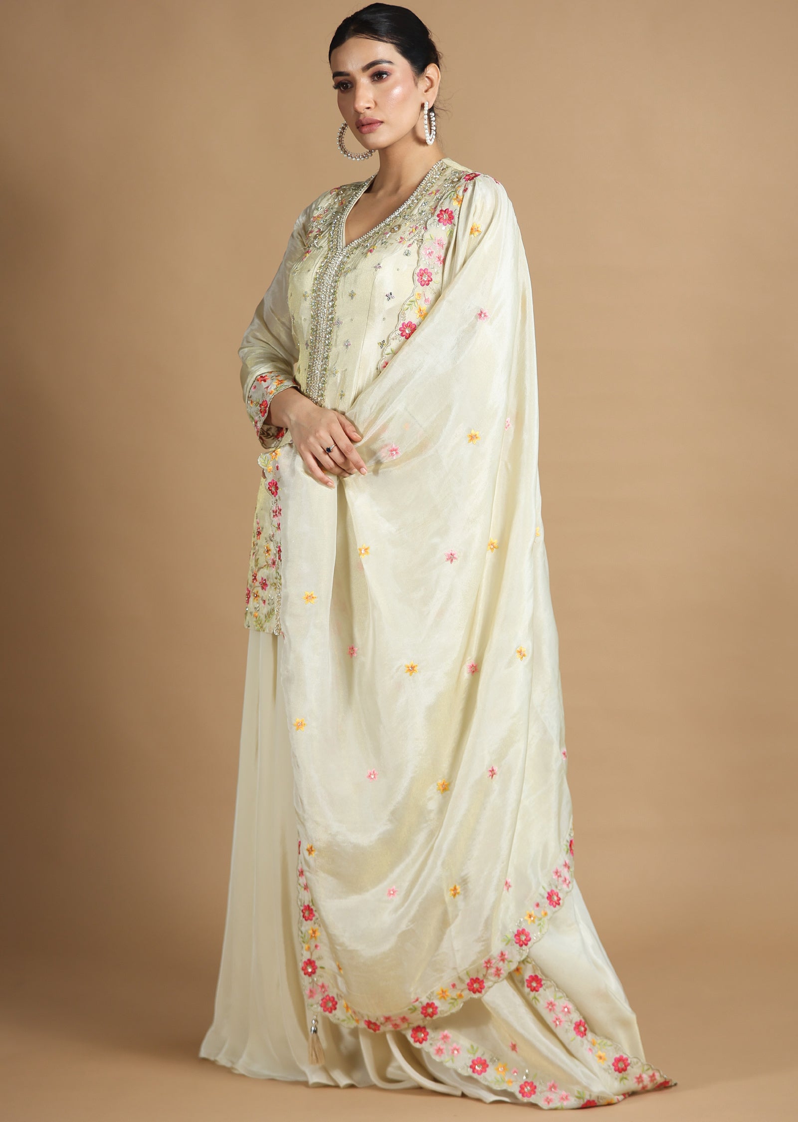 Beige Tissue Silk Sharara Set with Long Top