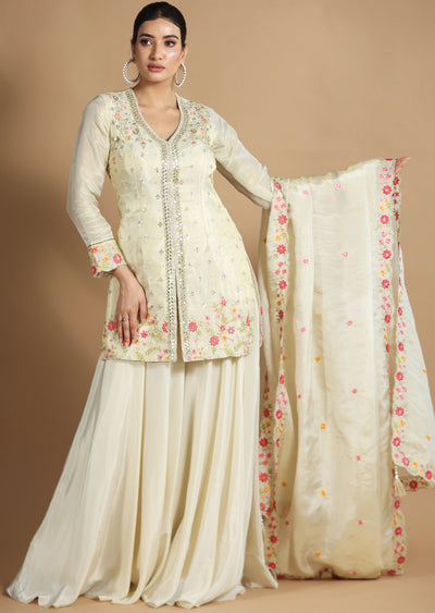 Beige Tissue Silk Sharara Set with Long Top