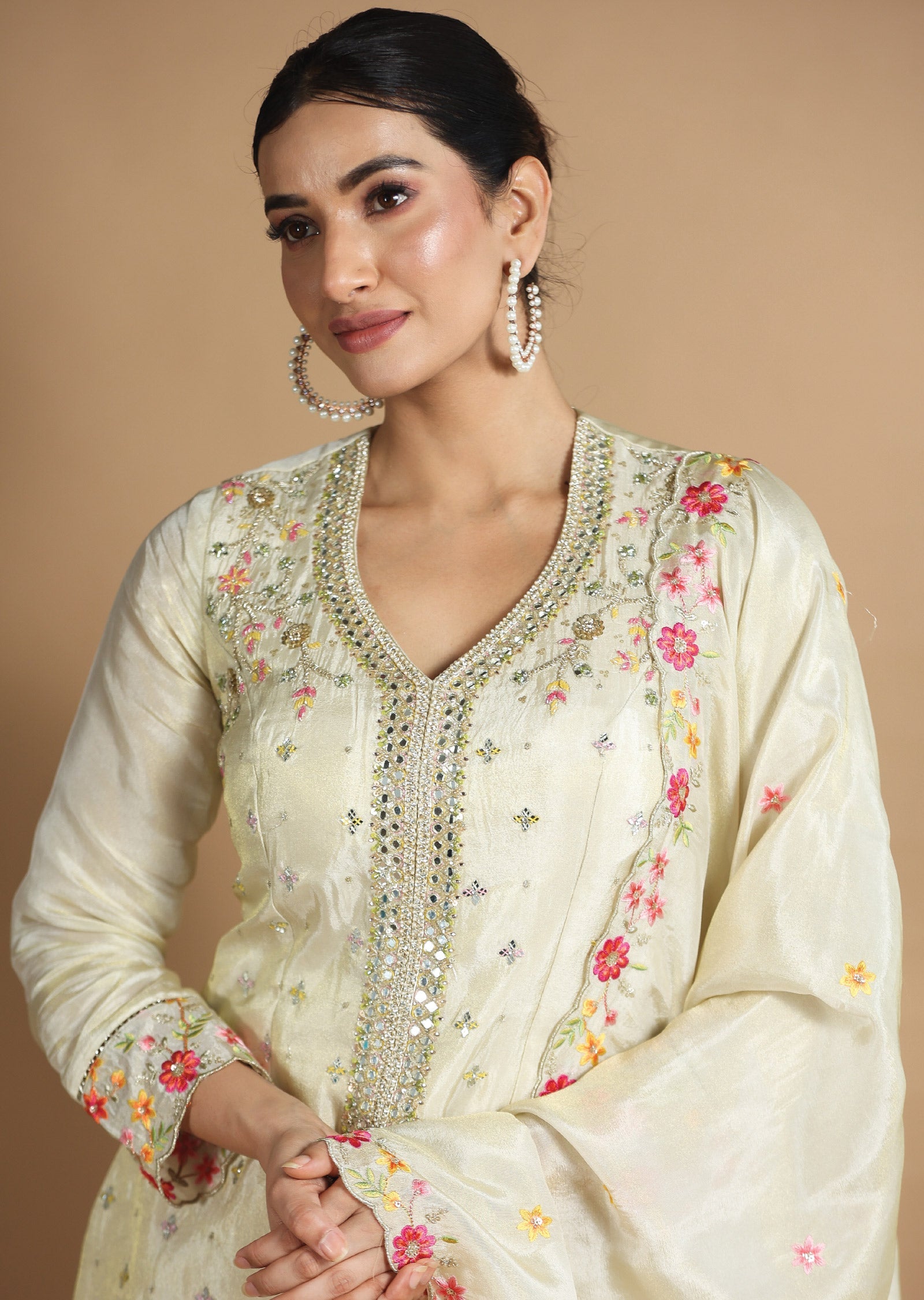 Beige Tissue Silk Sharara Set with Long Top