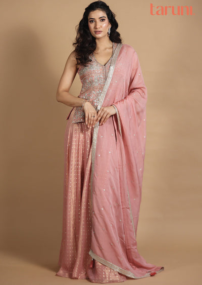 Dusty Peach Tissue Silk Sharara Set with Short Top