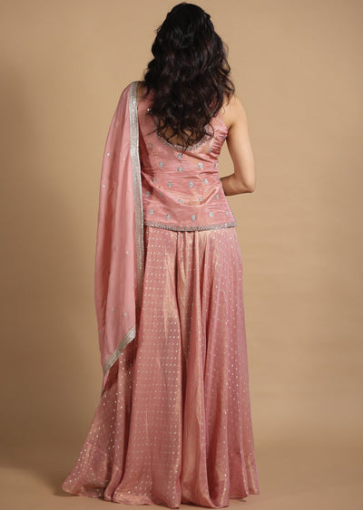 Dusty Peach Tissue Silk Sharara Set with Short Top