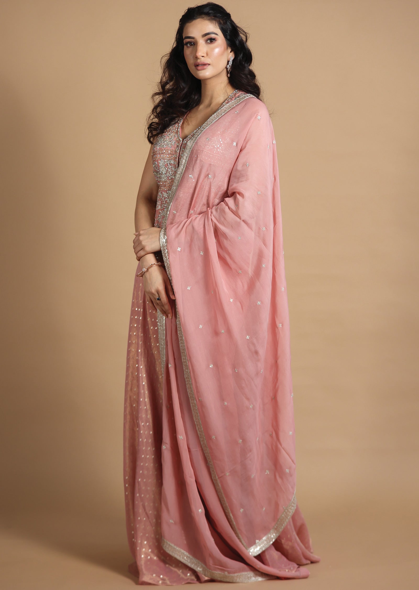 Dusty Peach Tissue Silk Sharara Set with Short Top