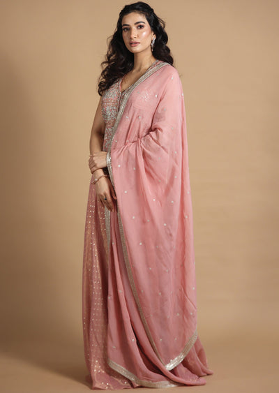 Dusty Peach Tissue Silk Sharara Set with Short Top