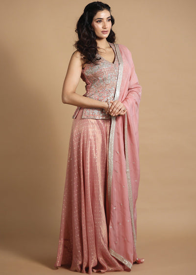 Dusty Peach Tissue Silk Sharara Set with Short Top