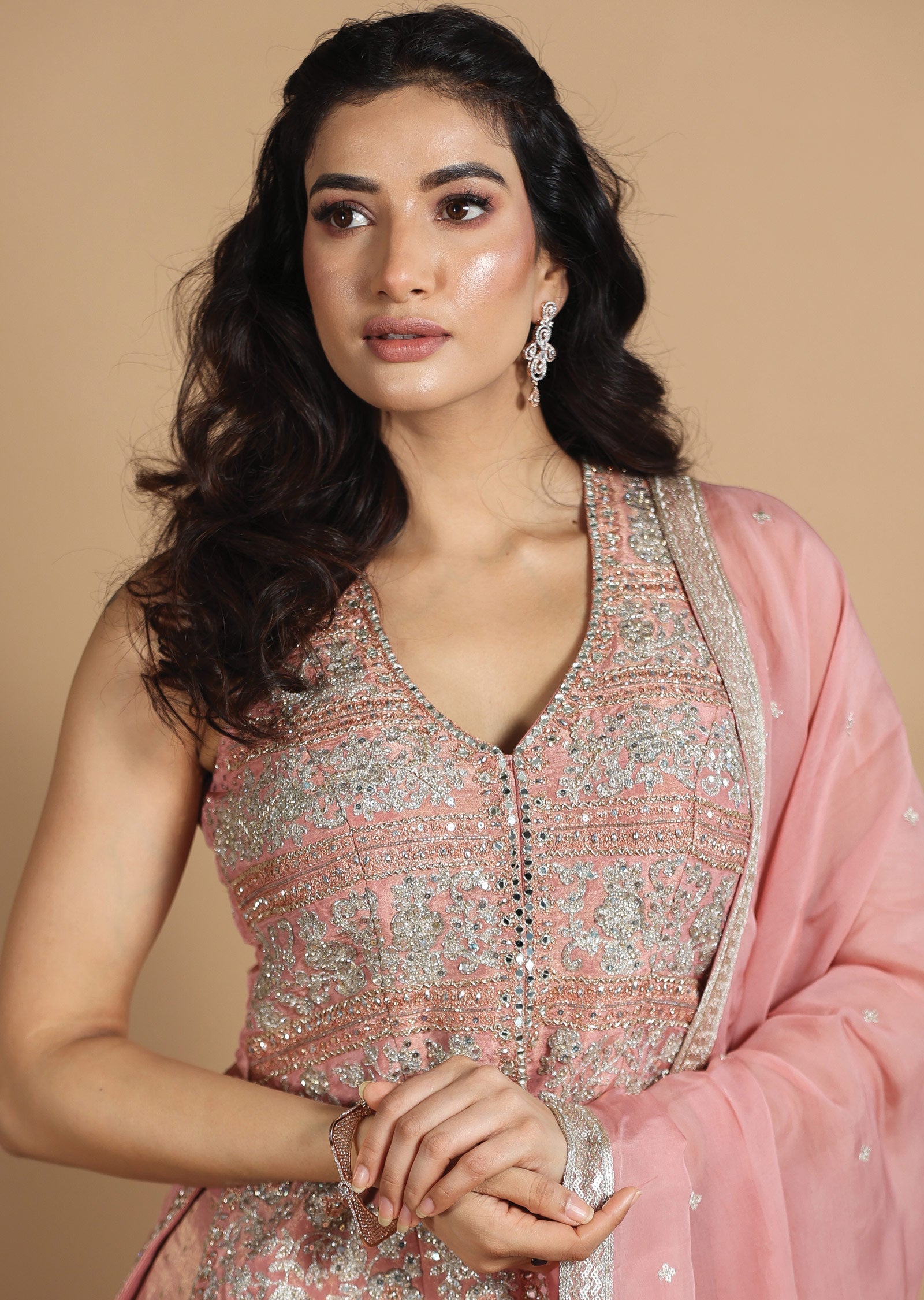 Dusty Peach Tissue Silk Sharara Set with Short Top