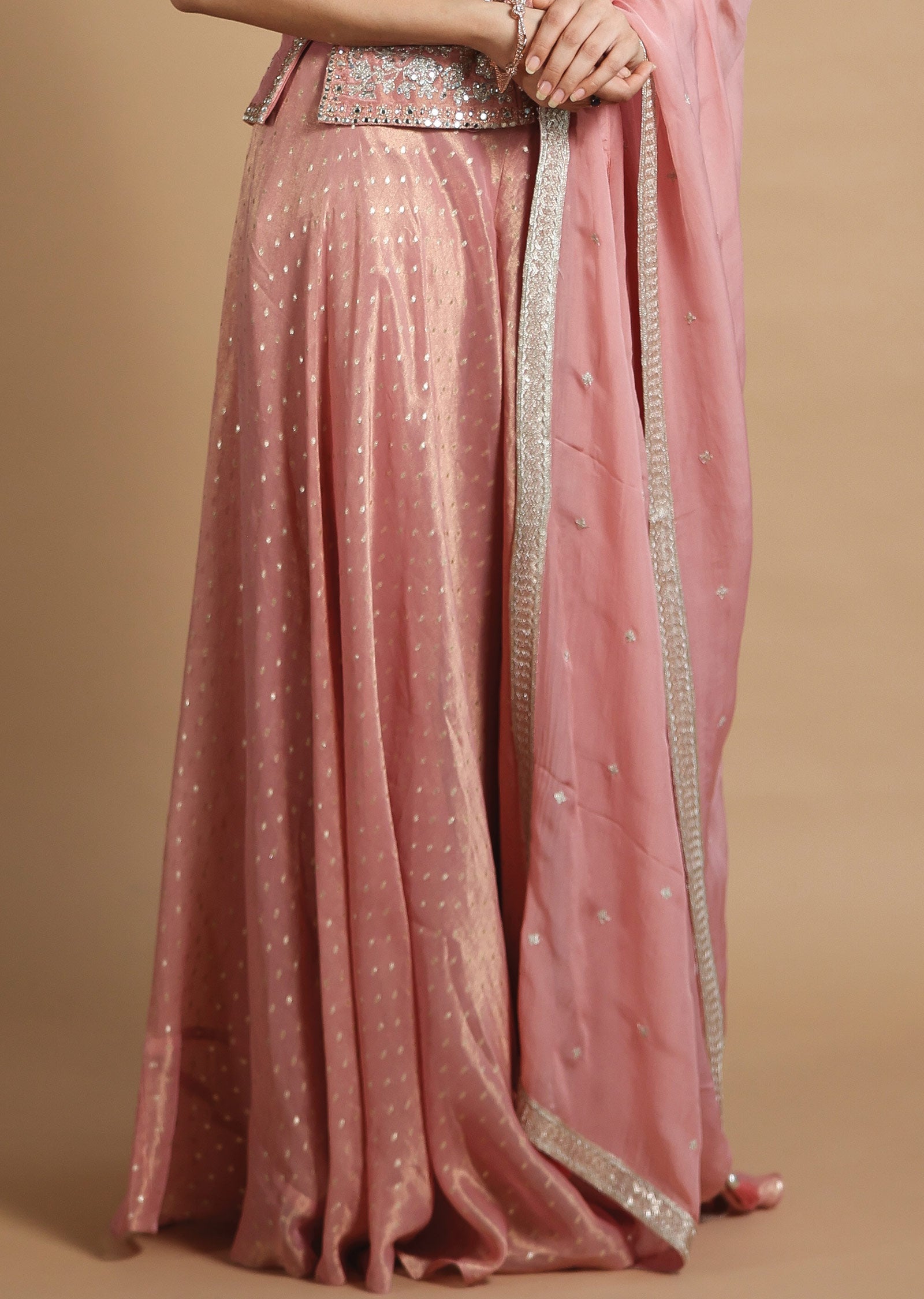 Dusty Peach Tissue Silk Sharara Set with Short Top