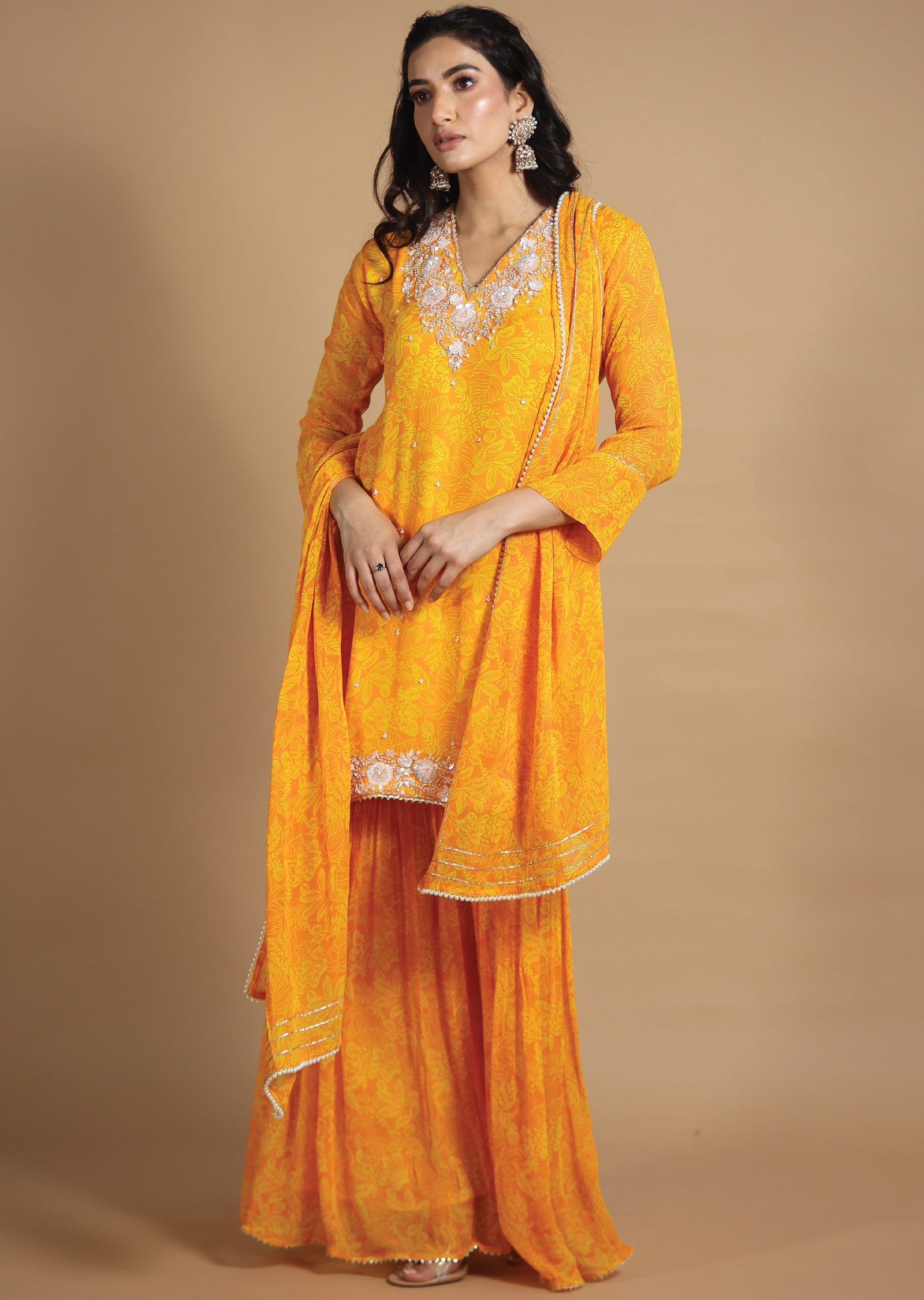 Yellow Georgette Sharara Set