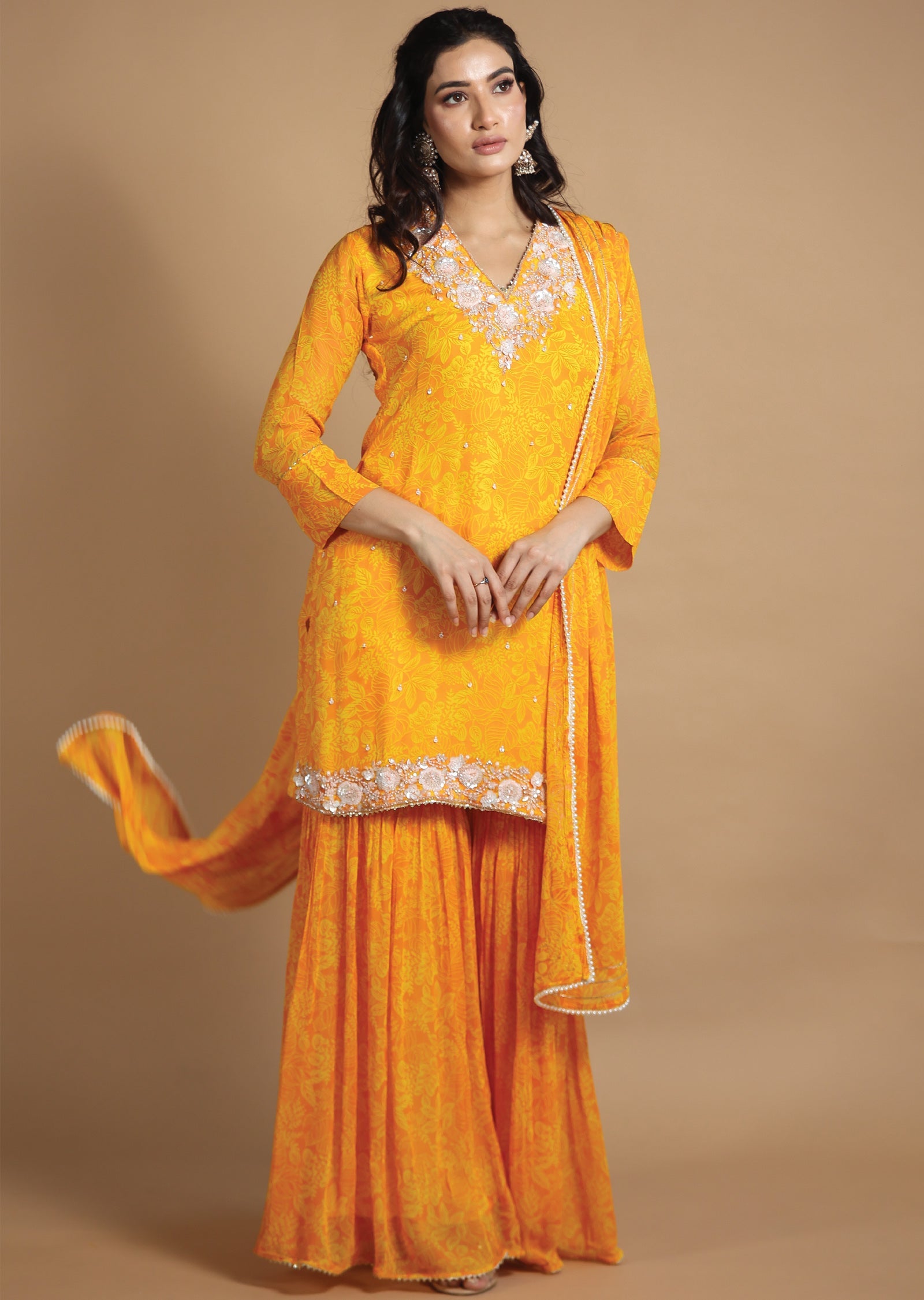 Yellow Georgette Sharara Set