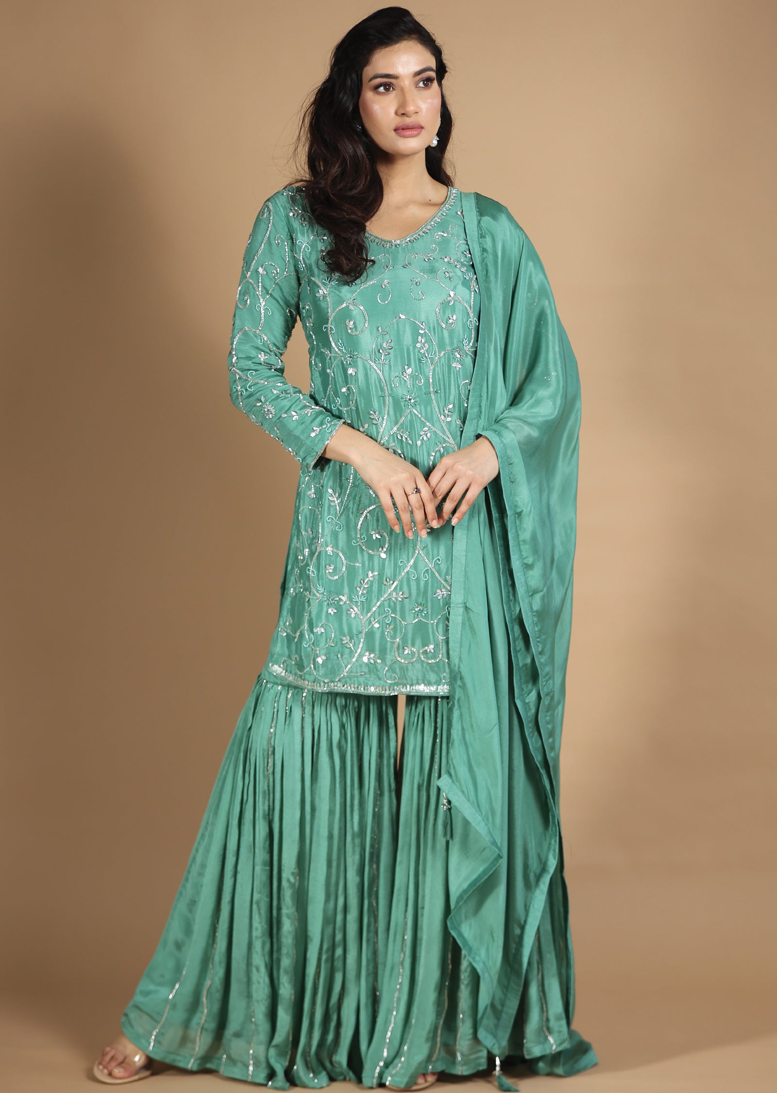 Light Green Chinnon Gharara Set