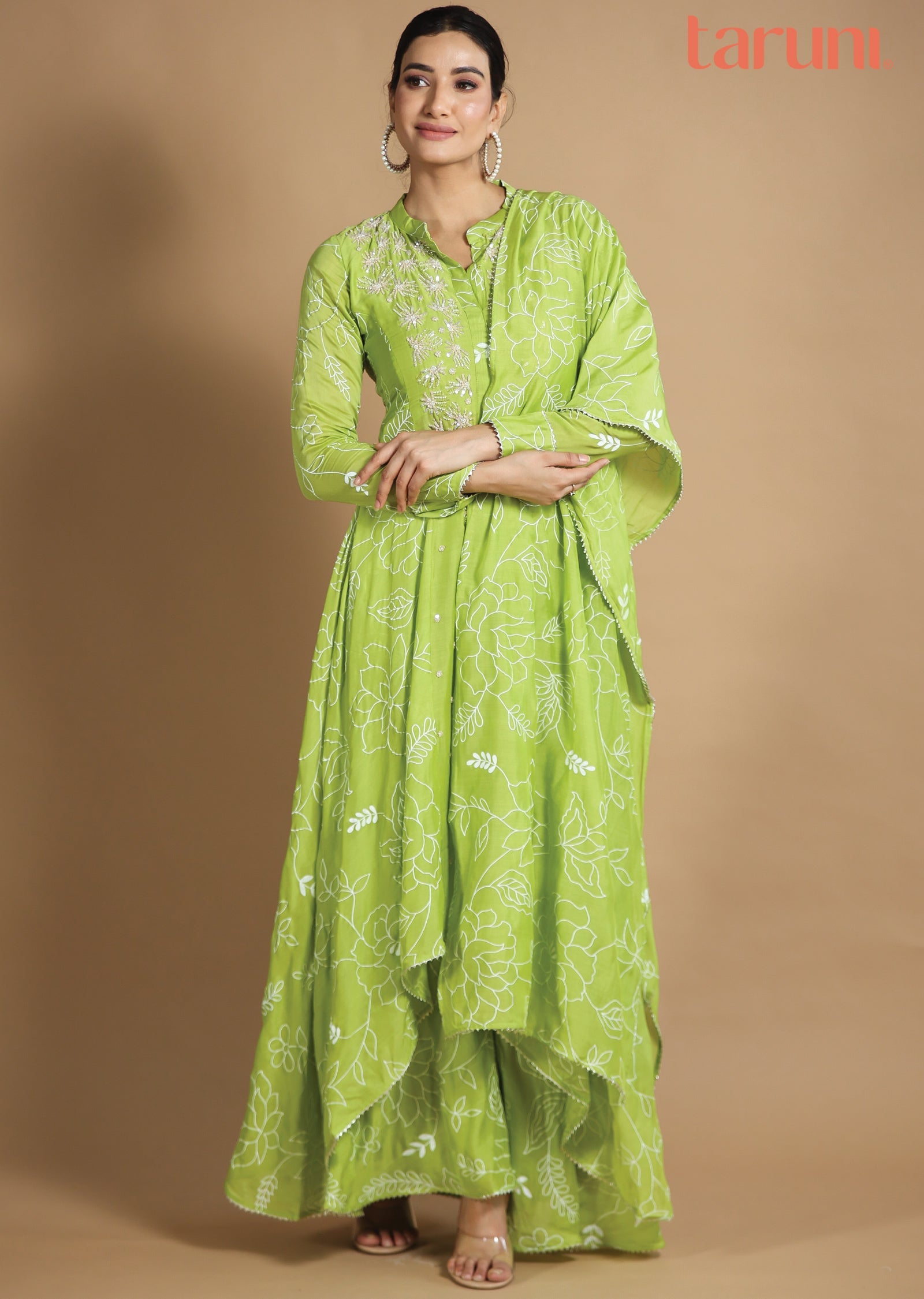 Parrot Green Muslin Chanderi Kurti with Sequence & Pearl