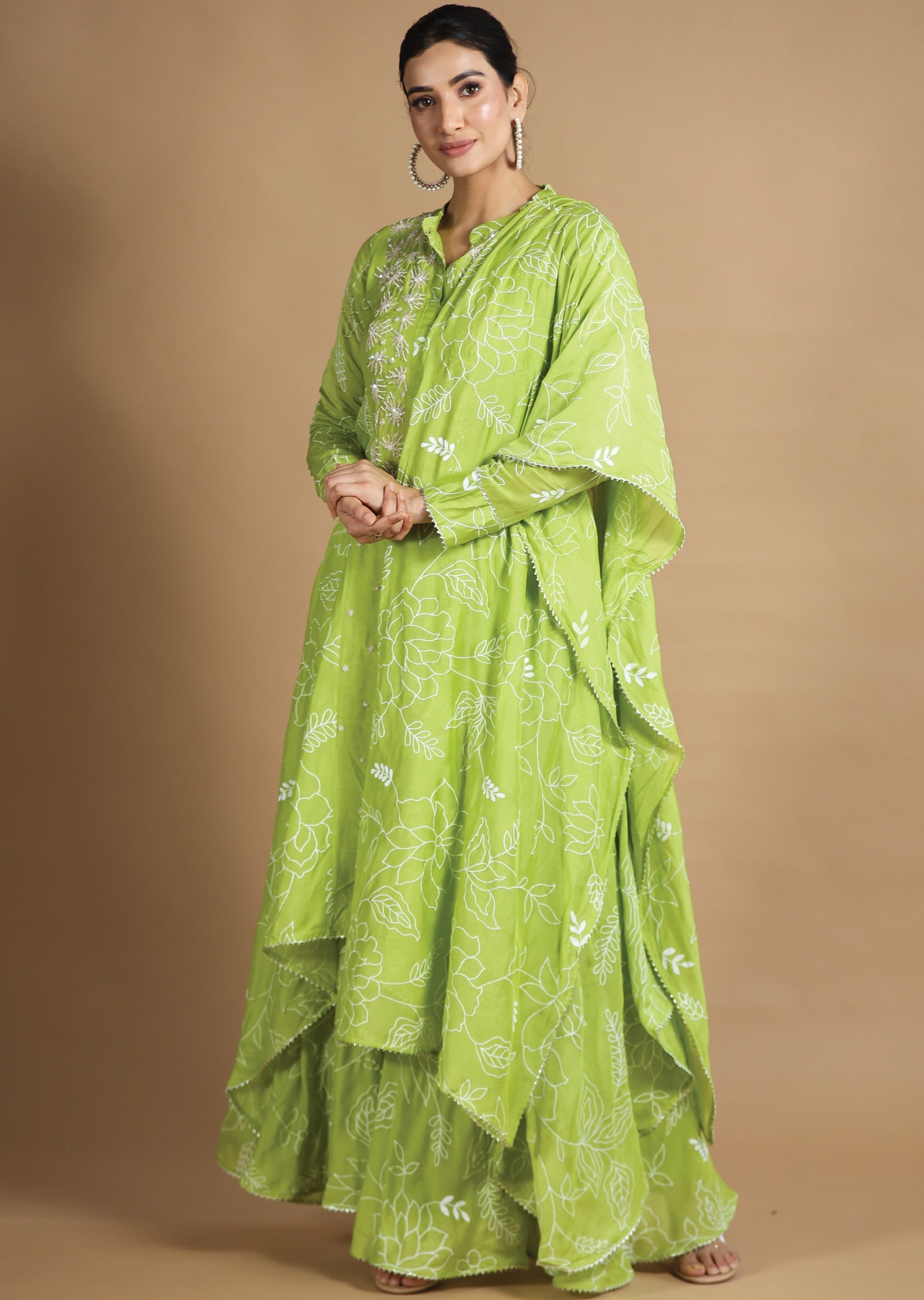 Parrot Green Muslin Chanderi Kurti with Sequence & Pearl