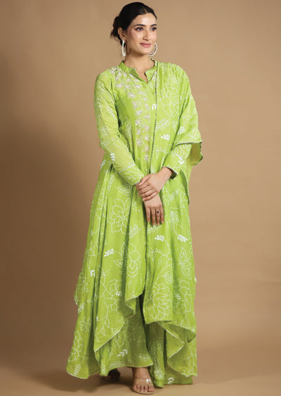 Parrot Green Muslin Chanderi Kurti with Sequence & Pearl