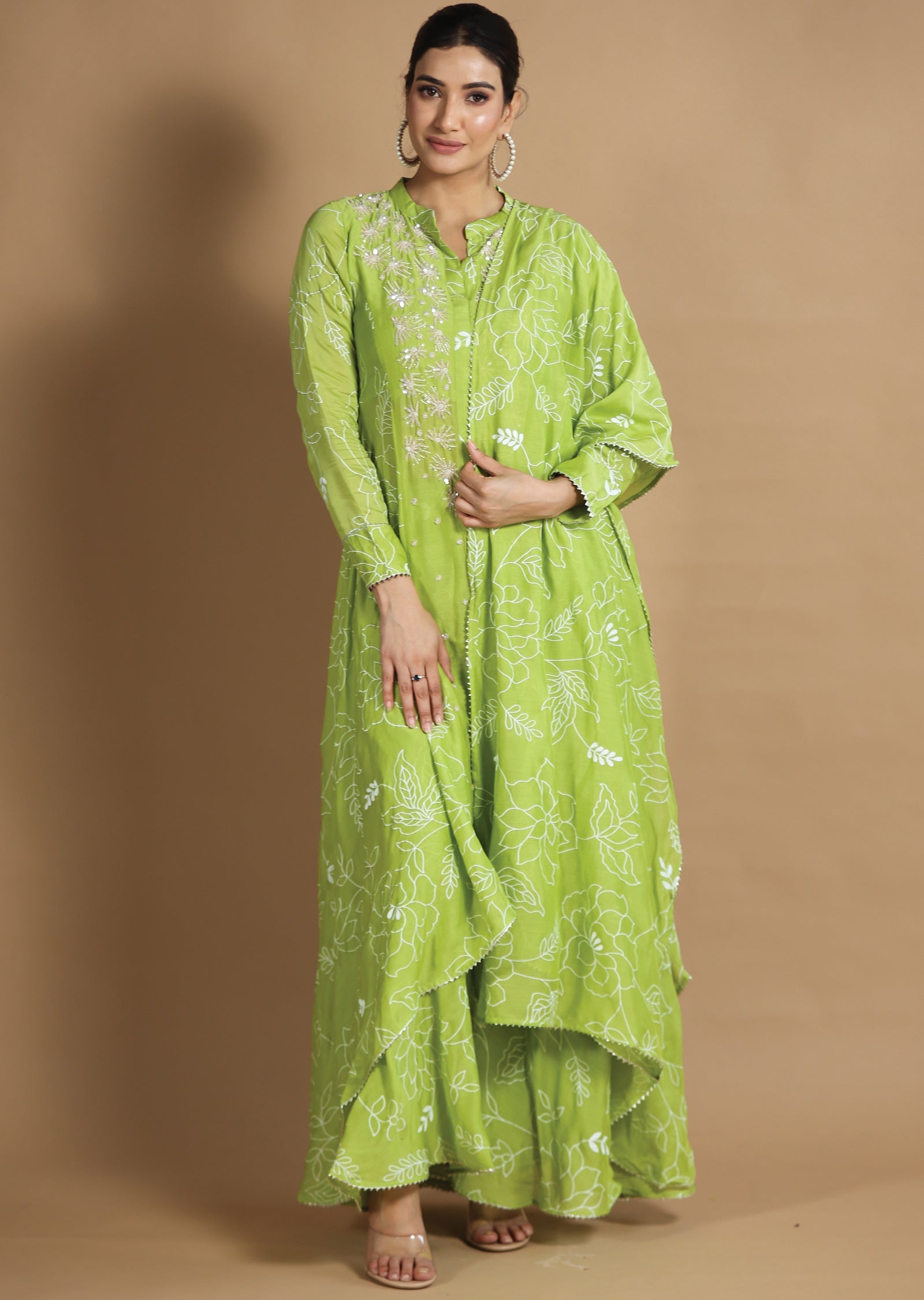 Parrot Green Muslin Chanderi Kurti with Sequence & Pearl