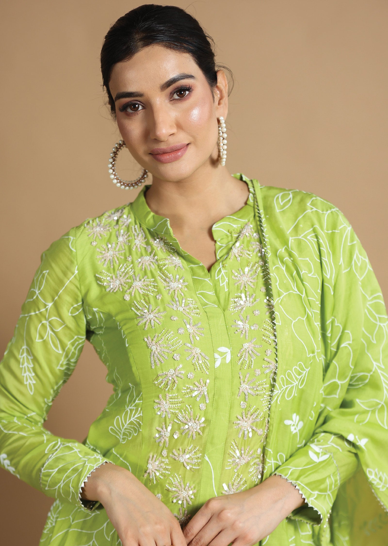 Parrot Green Muslin Chanderi Kurti with Sequence & Pearl