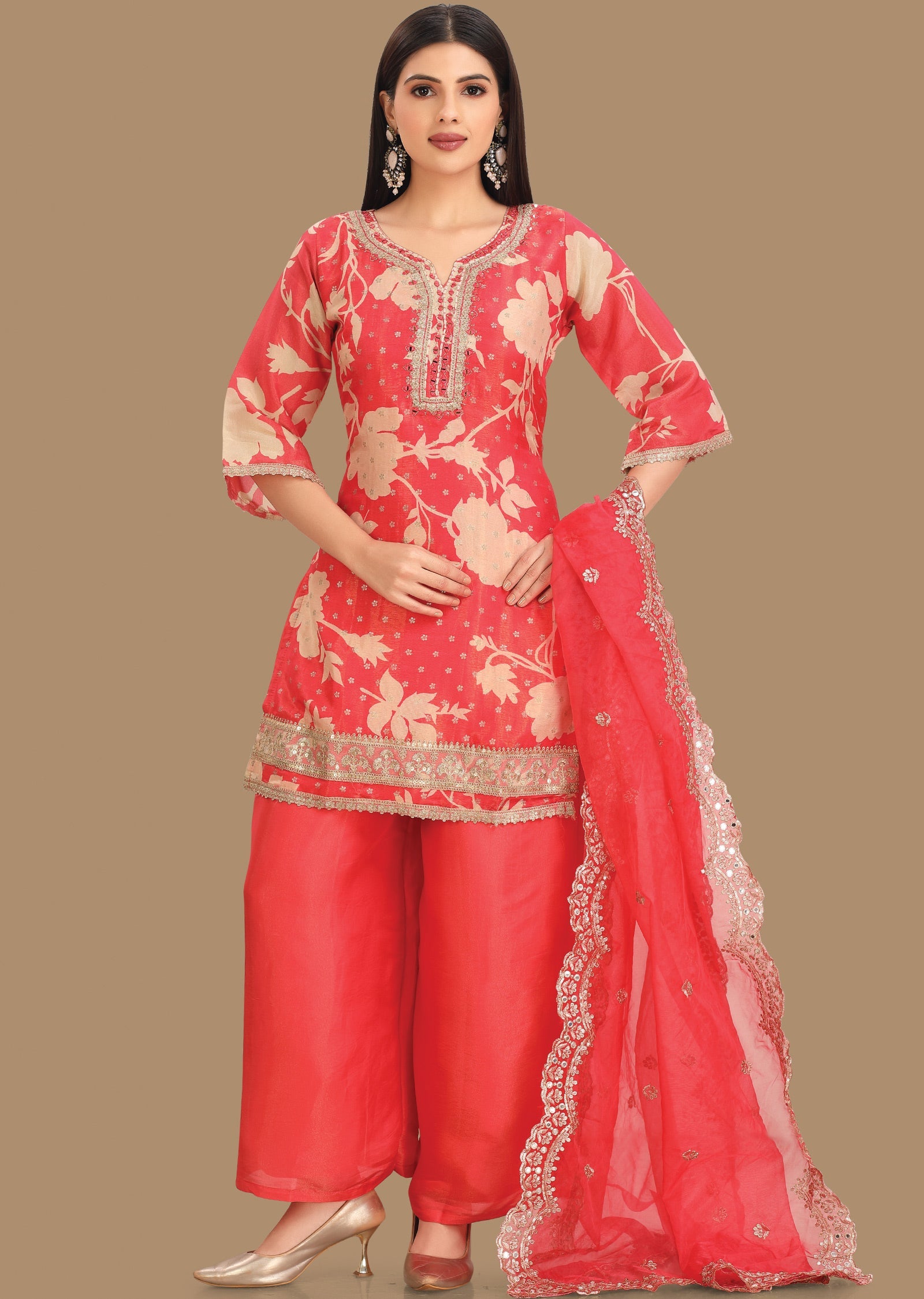 Coral Pink Tissue Banaras Shararas Ghararas