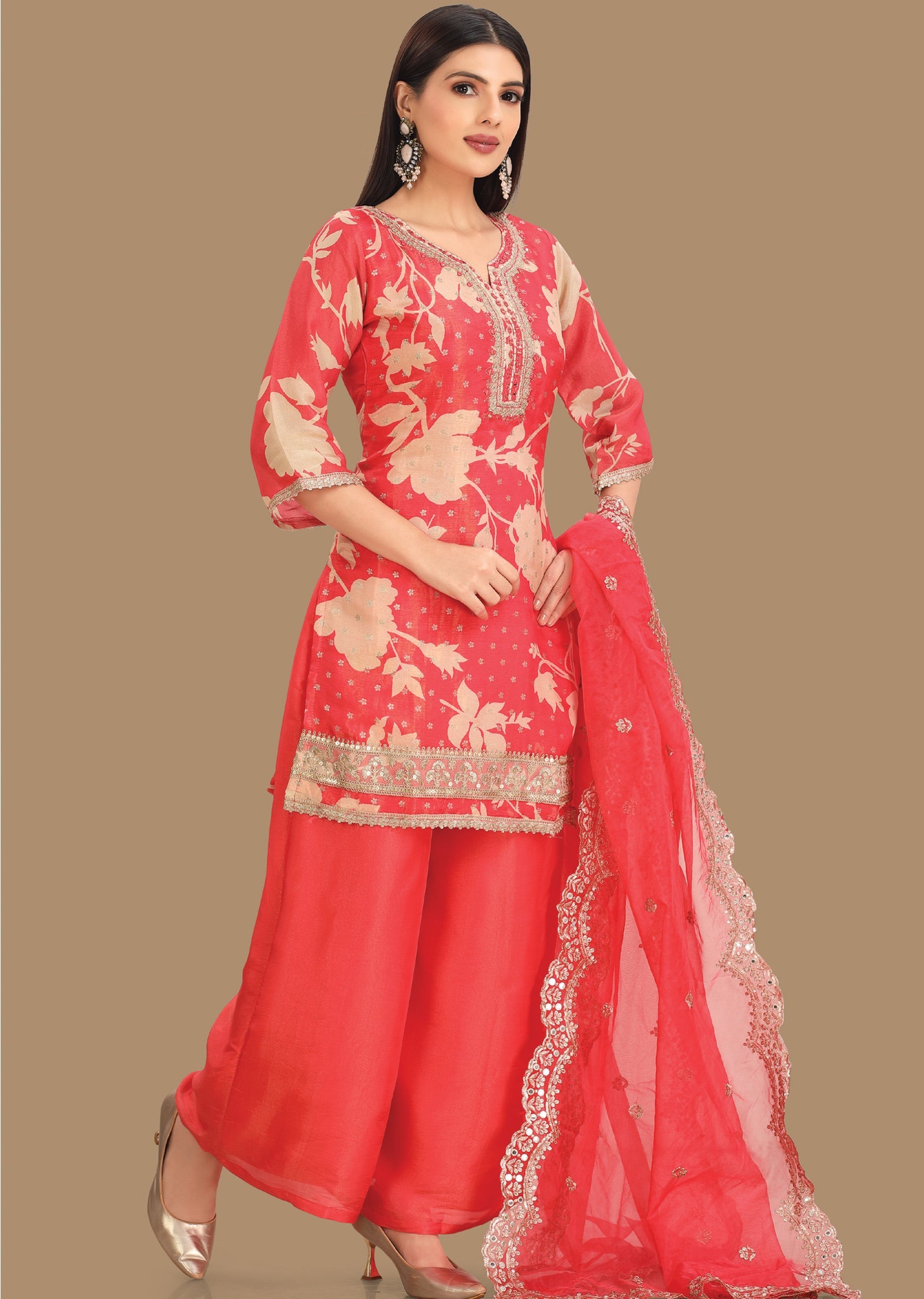 Coral Pink Tissue Banaras Shararas Ghararas