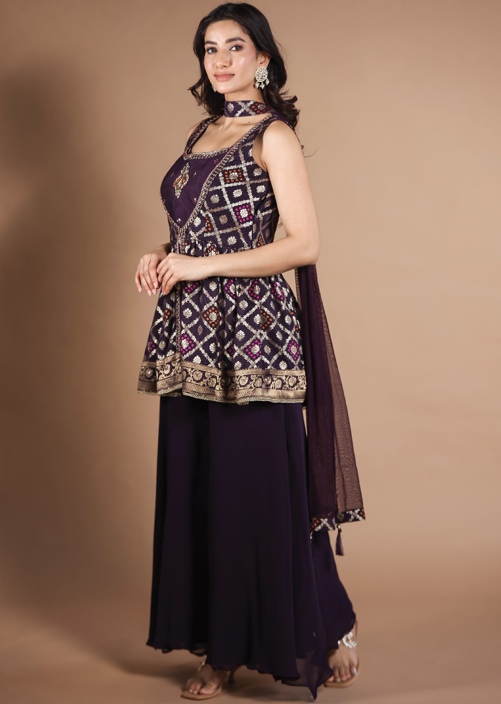 Dark Wine Banaras Silk Shararas Ghararas