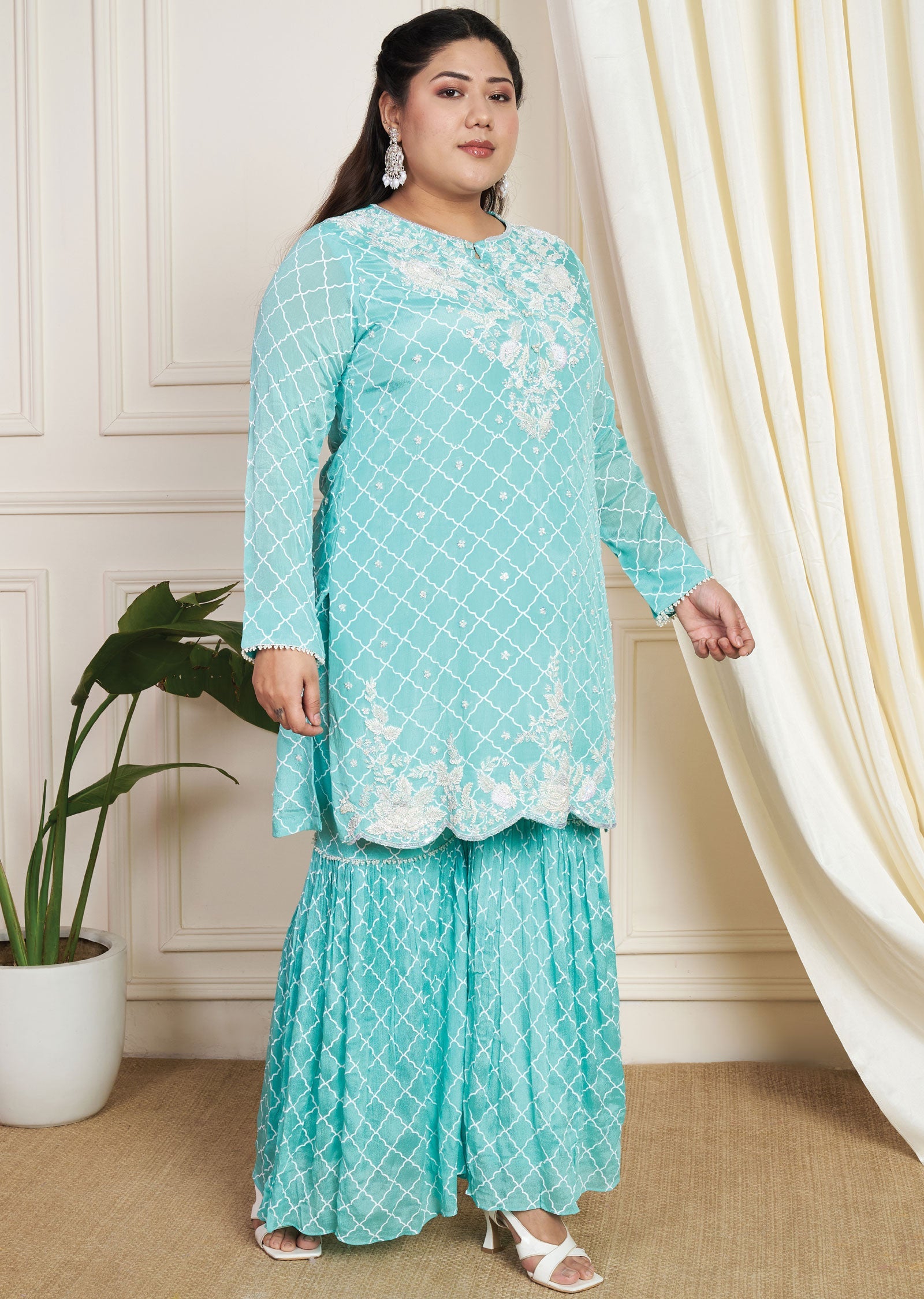 Sea Green Chinnon Shararas Set