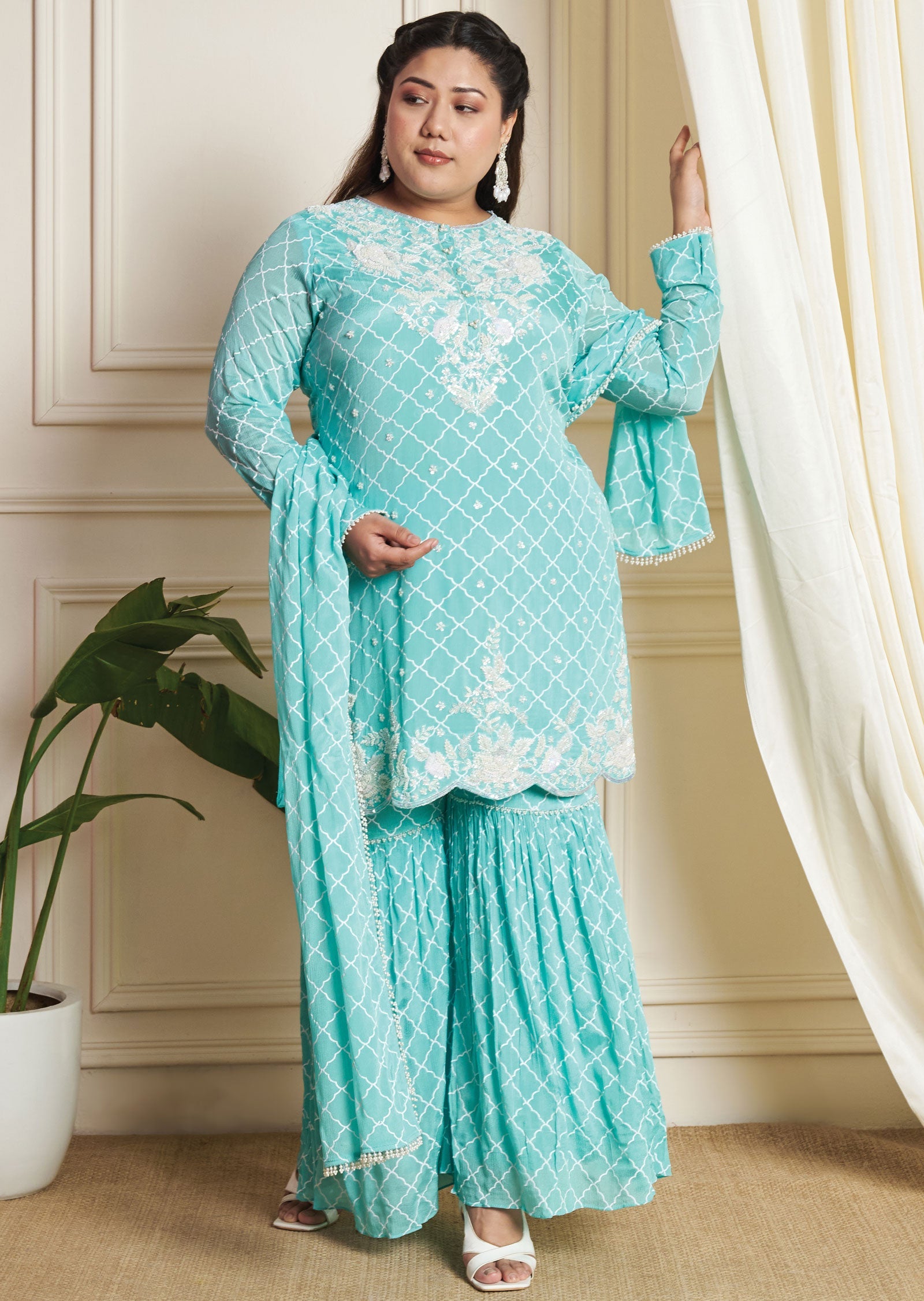 Sea Green Chinnon Shararas Set