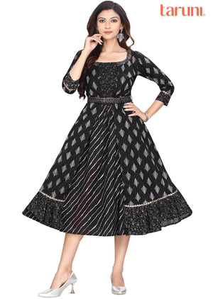 Black Cotton Printed Frock Style Kurti