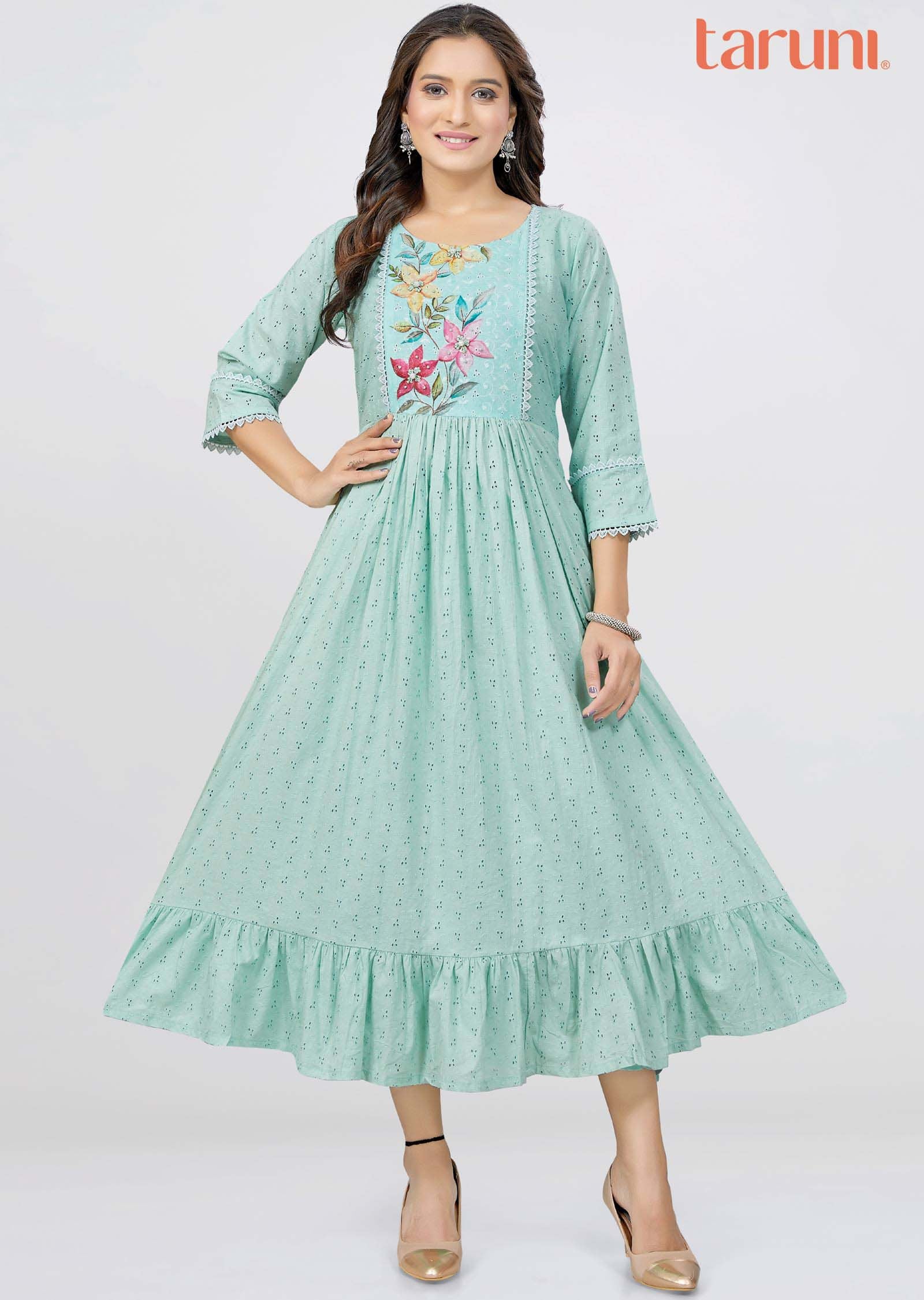 Sea green schiffli cotton Sequins Frock Style Kurti