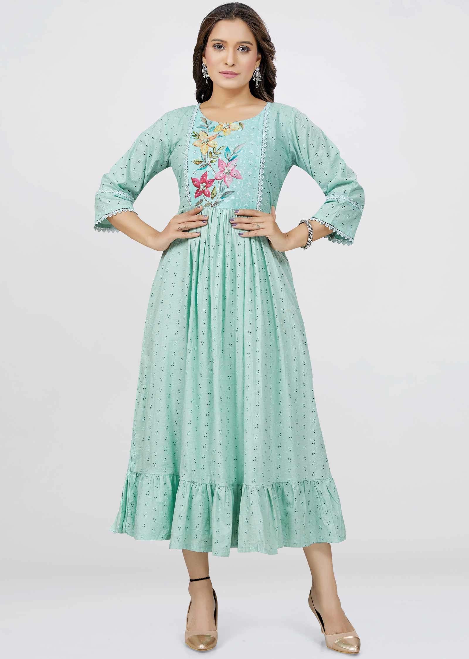 Sea green schiffli cotton Sequins Frock Style Kurti