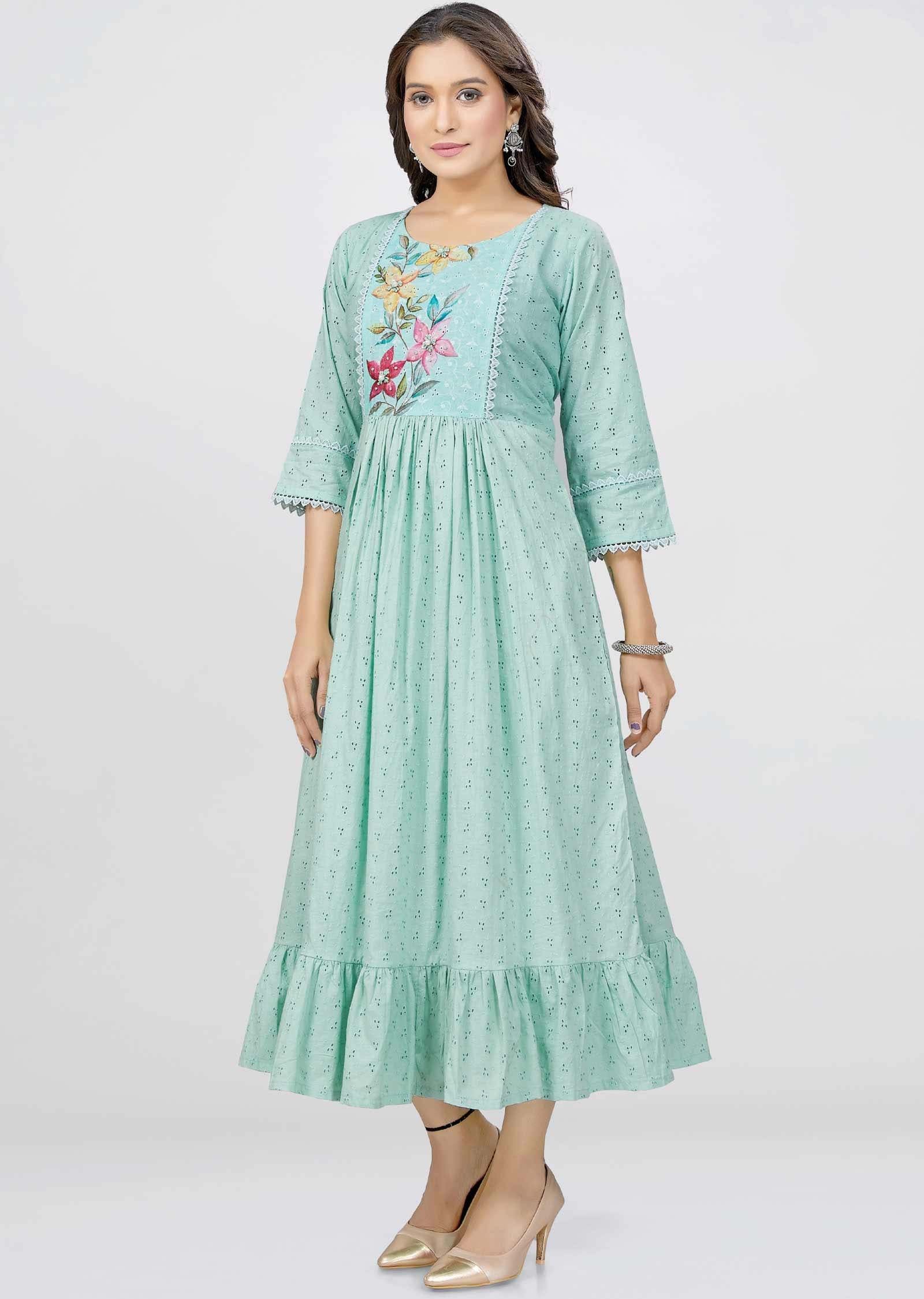 Sea green schiffli cotton Sequins Frock Style Kurti