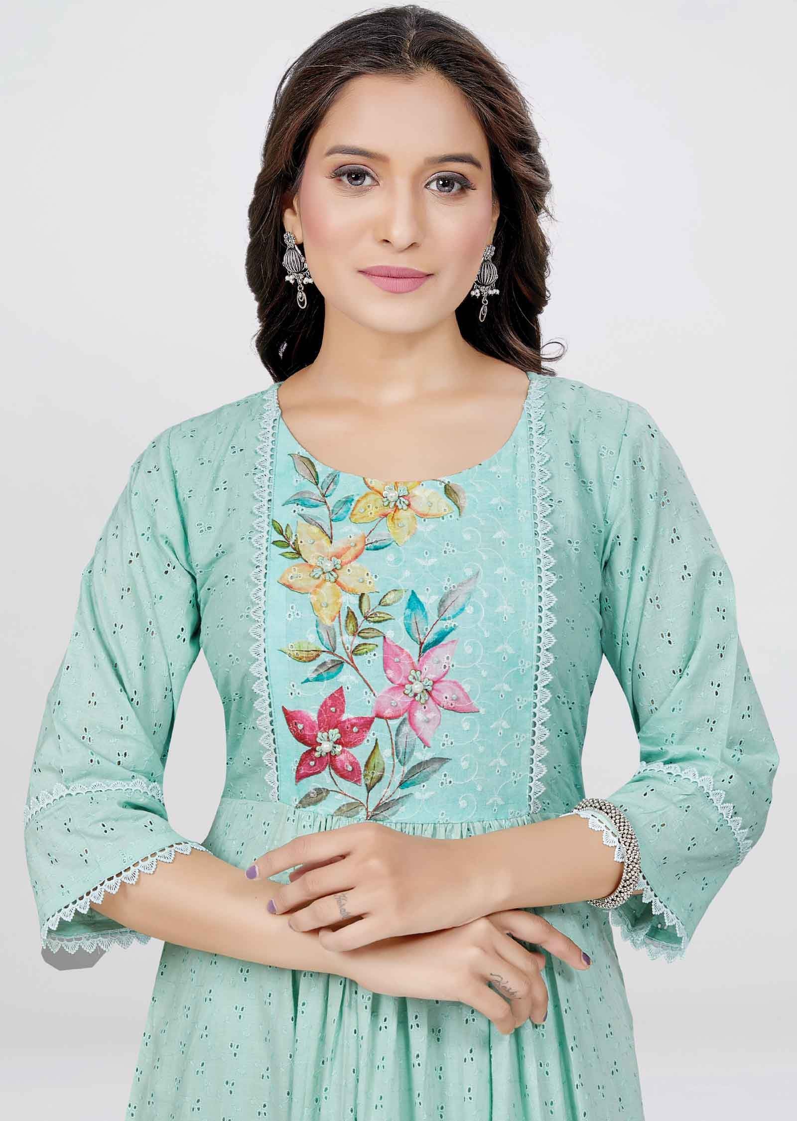 Sea green schiffli cotton Sequins Frock Style Kurti