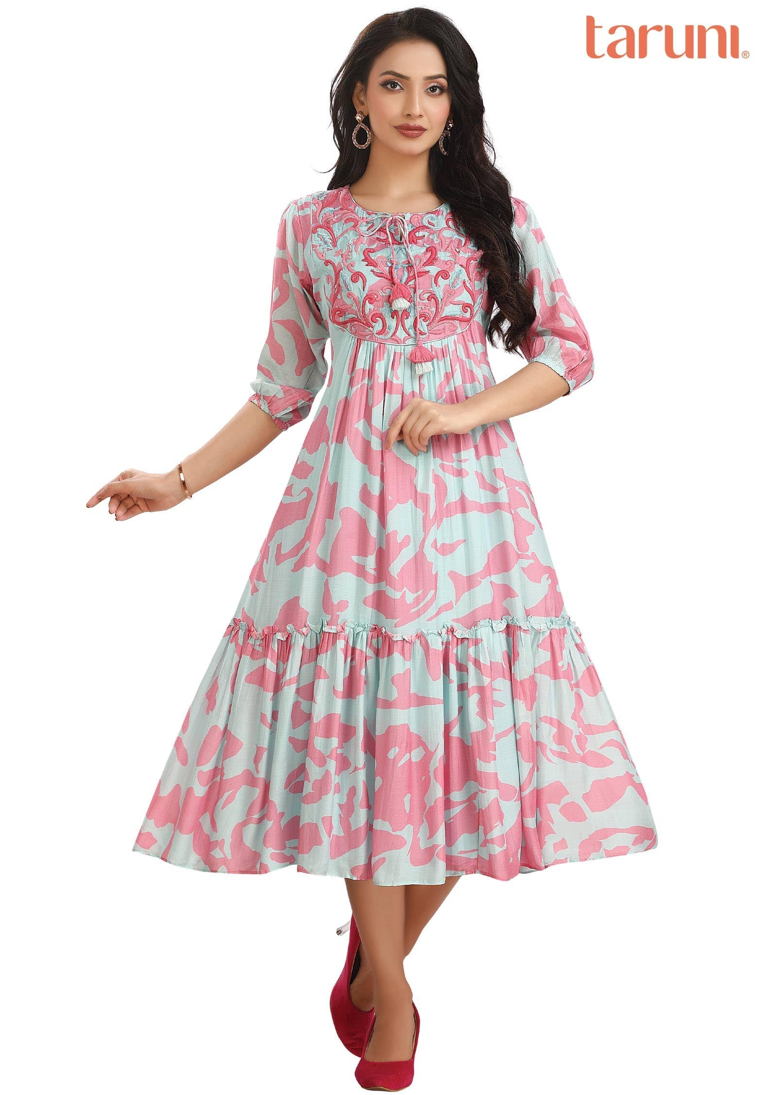 Light Blue & Pink Muslin Printed Frock Style Kurti