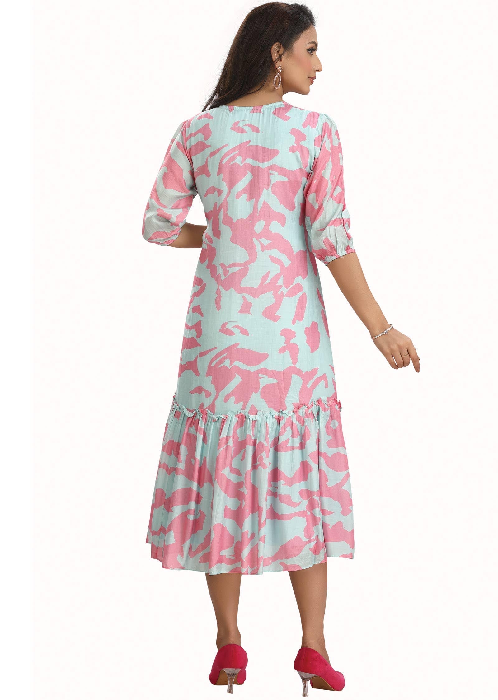 Light Blue & Pink Muslin Printed Frock Style Kurti