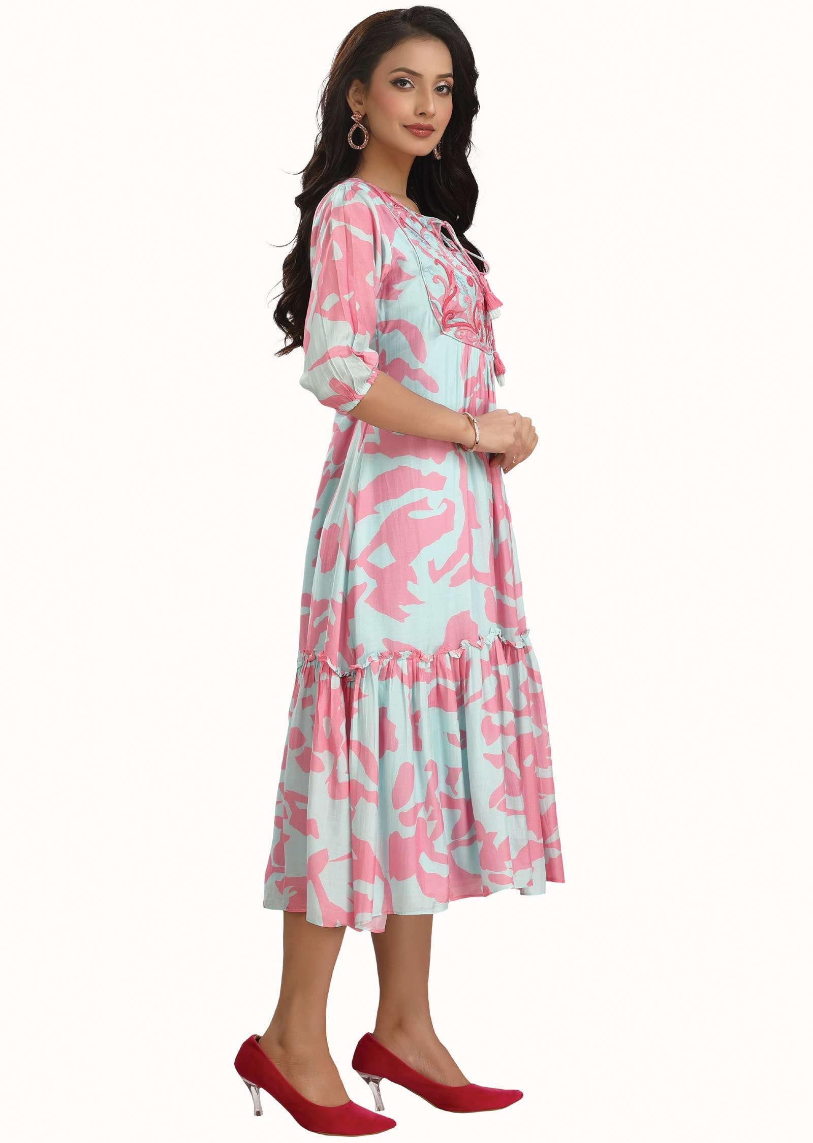 Light Blue & Pink Muslin Printed Frock Style Kurti