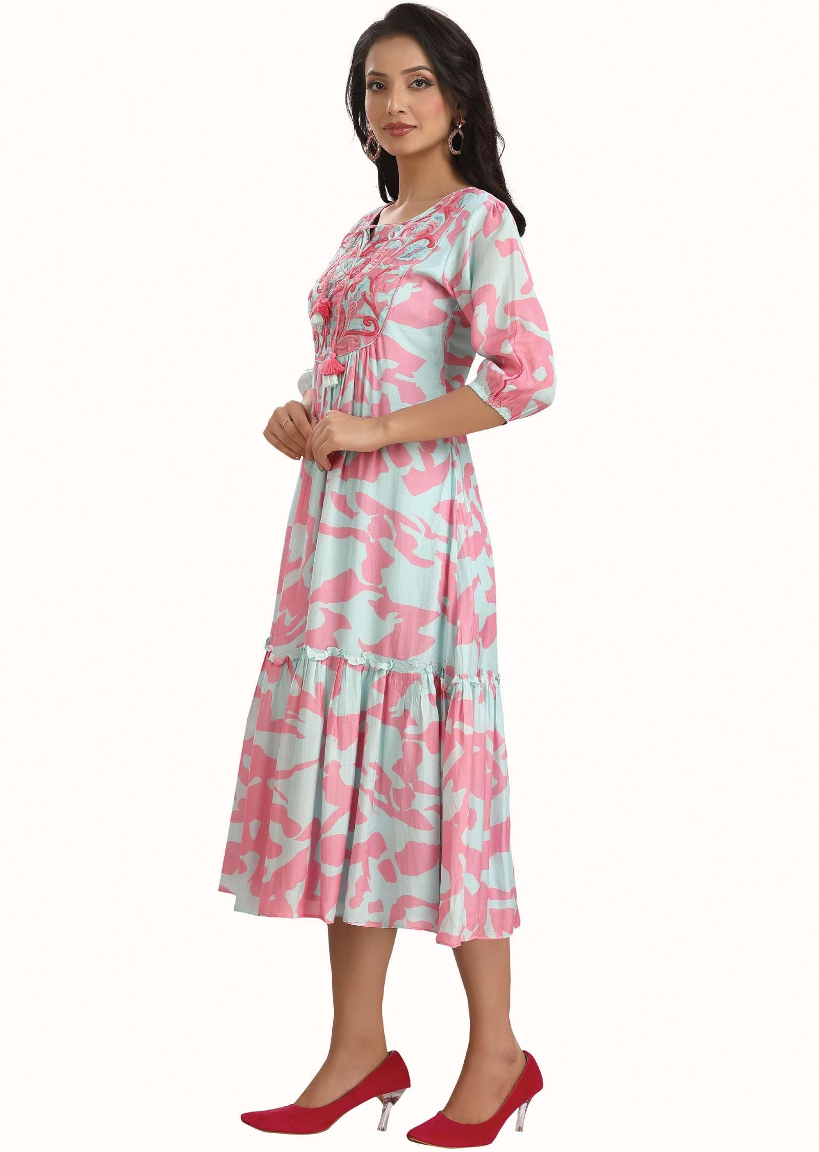 Light Blue & Pink Muslin Printed Frock Style Kurti