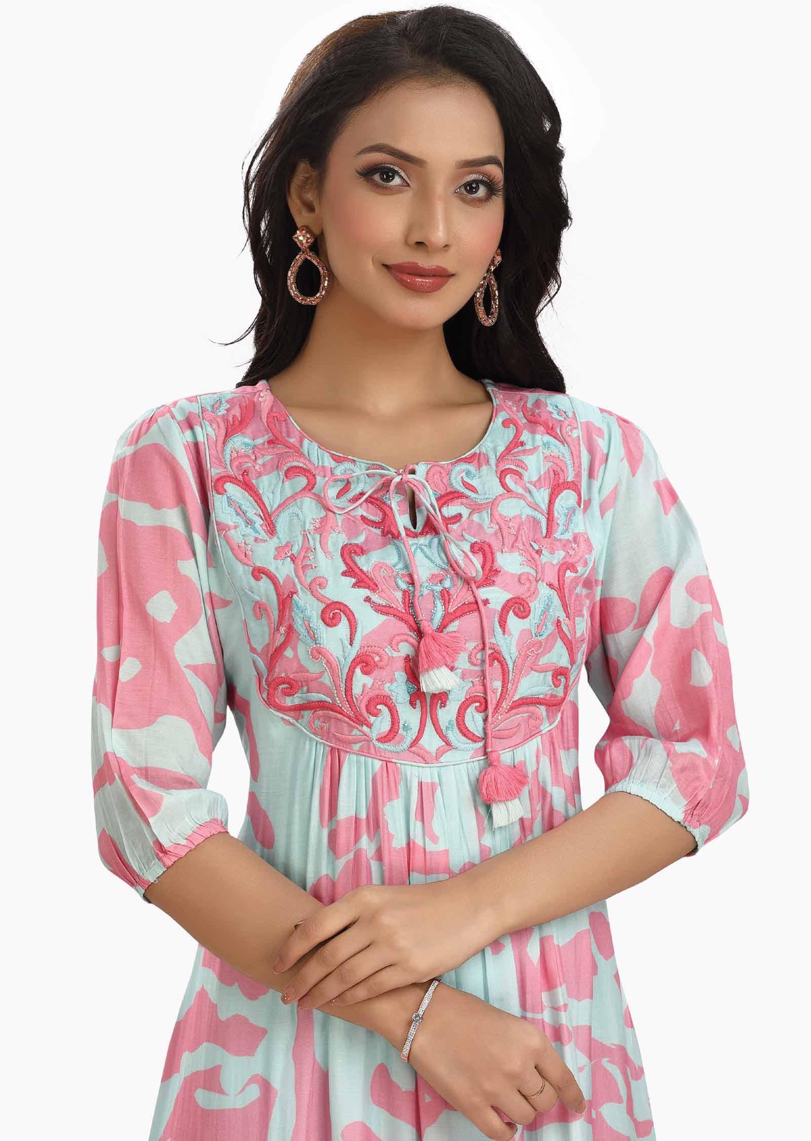 Light Blue & Pink Muslin Printed Frock Style Kurti