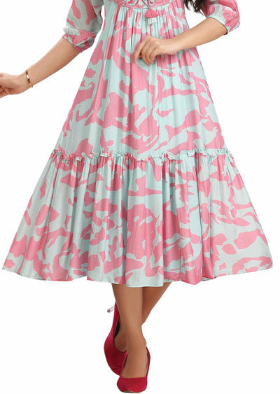 Light Blue & Pink Muslin Printed Frock Style Kurti