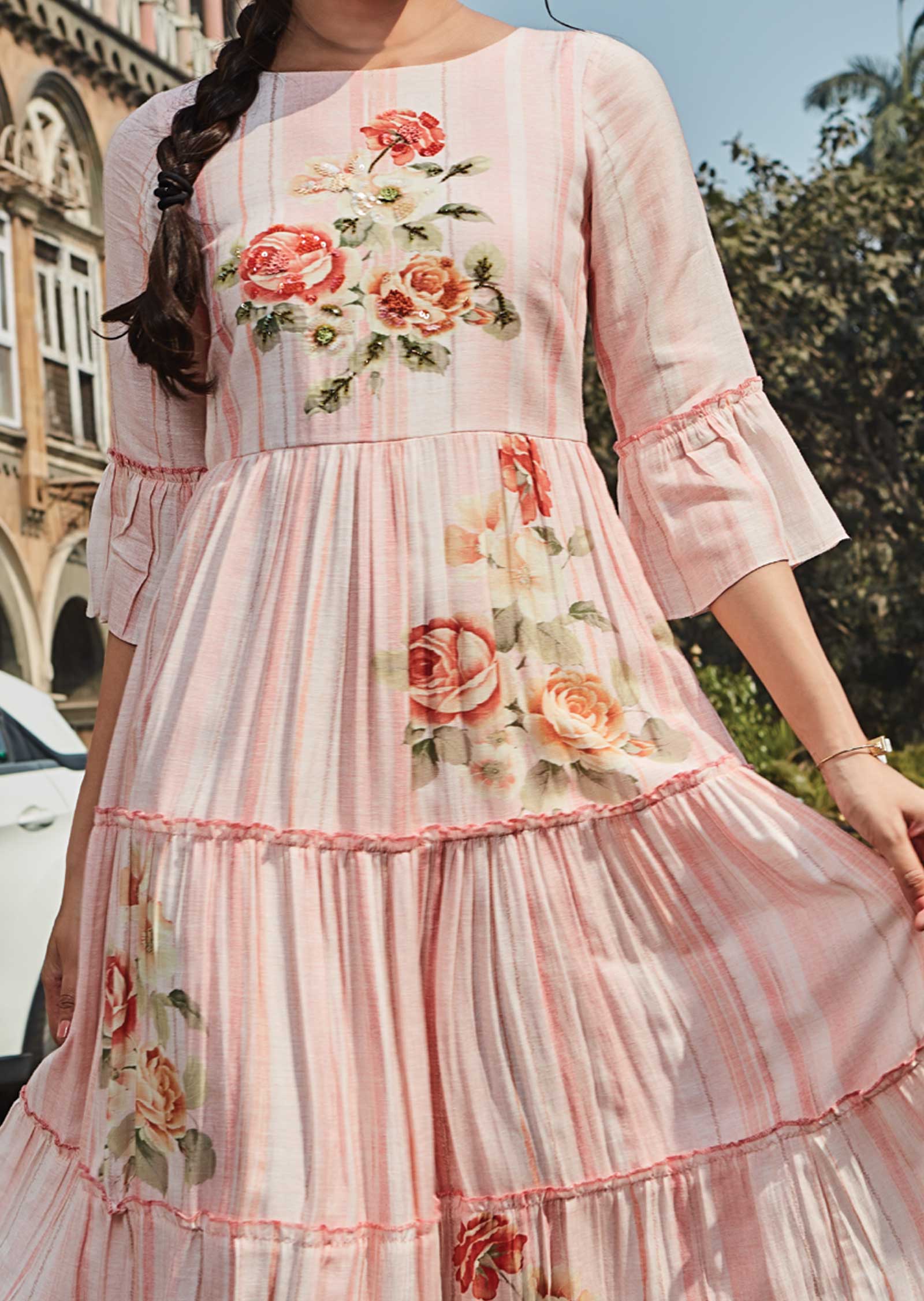 Peach Linen Chanderi Frock Style Kurti