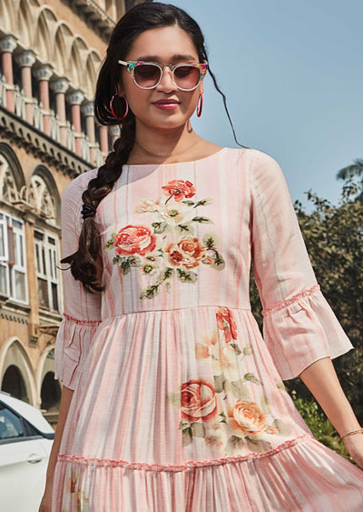 Peach Linen Chanderi Frock Style Kurti