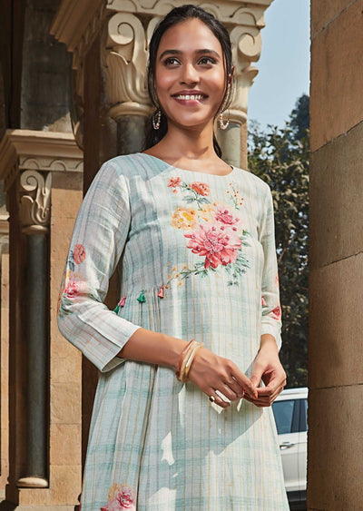 Sea Green Linen Chanderi Frock Style Kurti