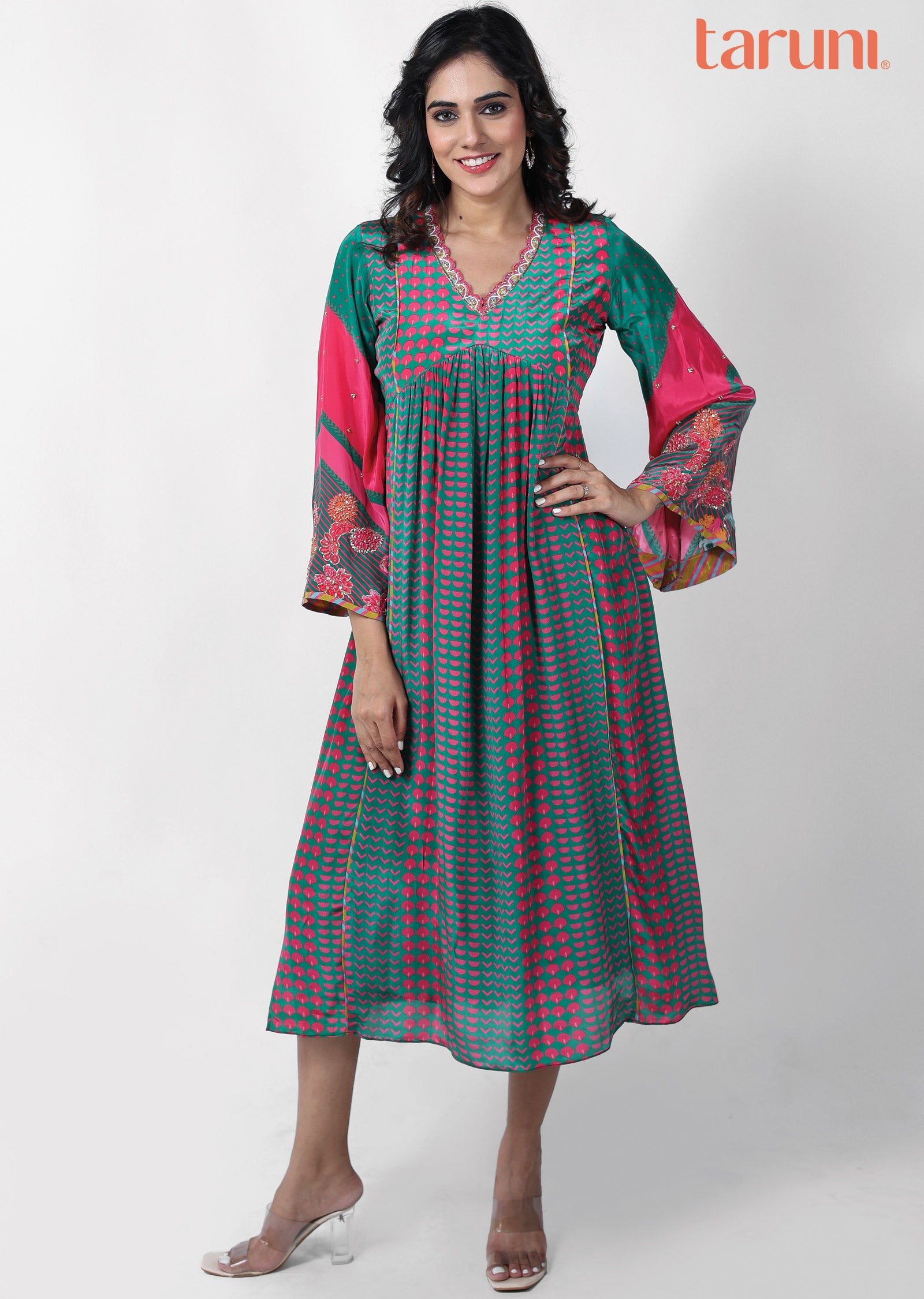 Green & Pink Crepe Kurti Frock Style