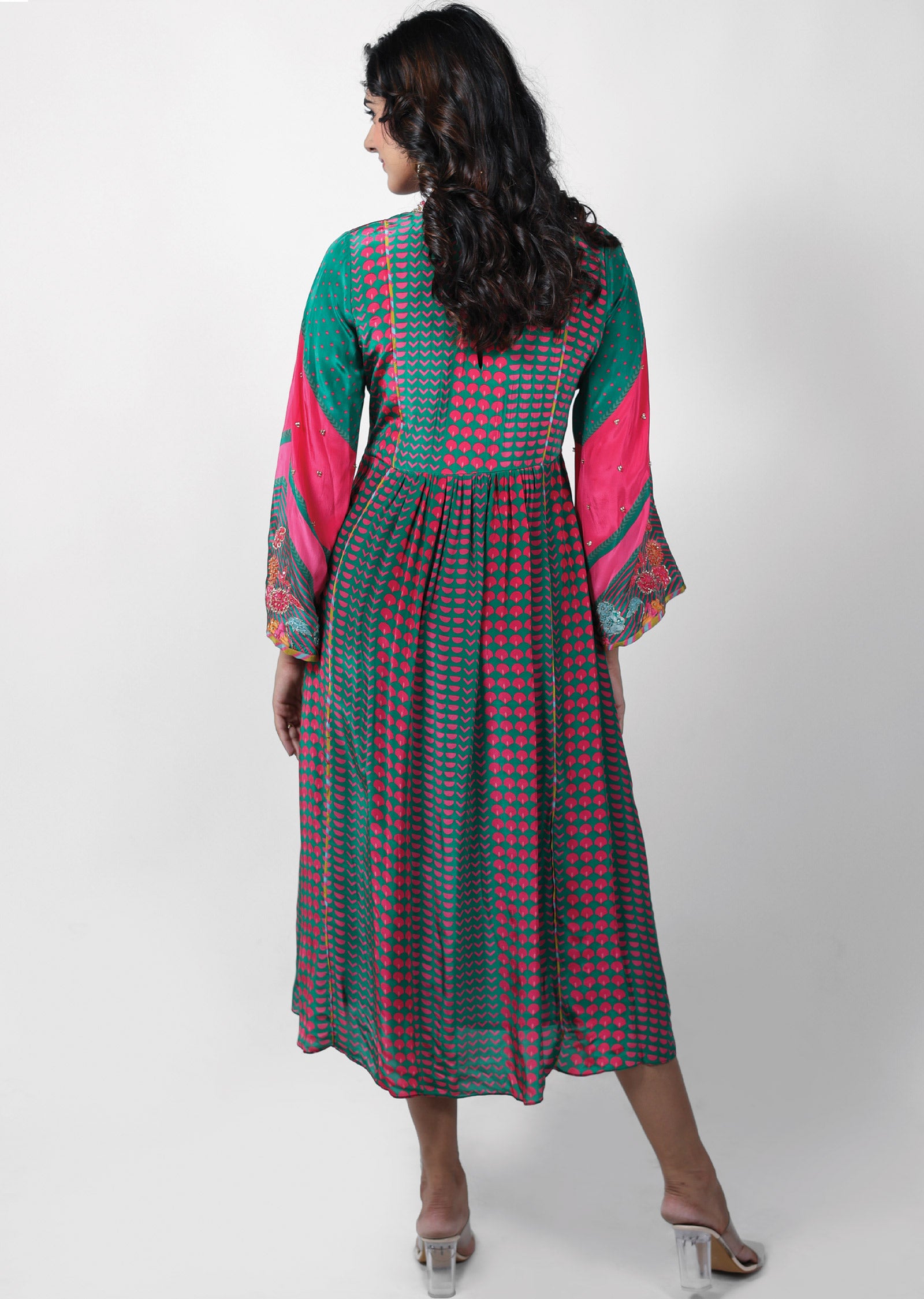 Green & Pink Crepe Kurti Frock Style